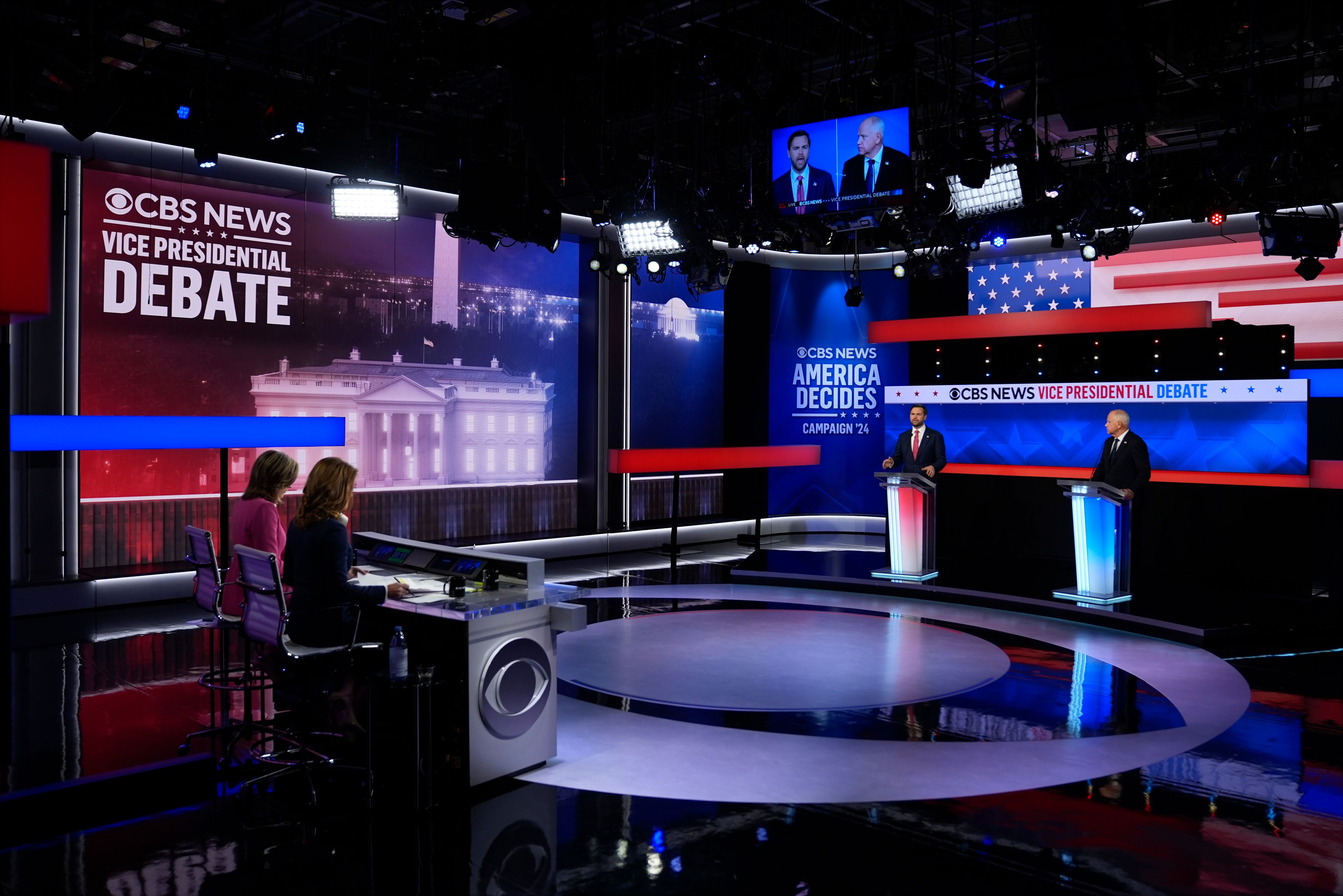 Republican vice presidential nominee Sen. JD Vance, R-Ohio, speaks during a vice presidential debate hosted by CBS News, with Democratic vice presidential candidate Minnesota Gov. Tim Walz, Tuesday, Oct. 1, 2024, in New York, as moderators Norah O'Donnell and Margaret Brennan listen. (AP Photo/Matt Rourke)