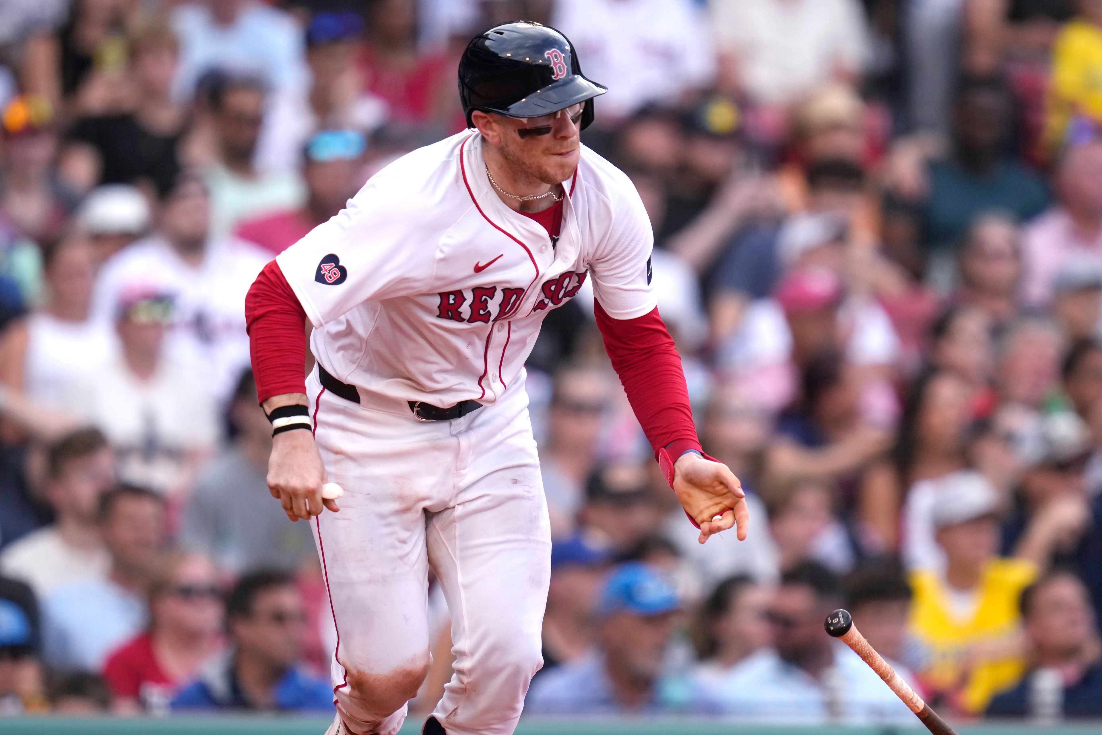 Boston Red Sox's Danny Jansen dashes down the first base line on his RBI single during the sixth inning of a baseball game against the Seattle Mariners, Wednesday, July 31, 2024, in Boston. (AP Photo/Charles Krupa)