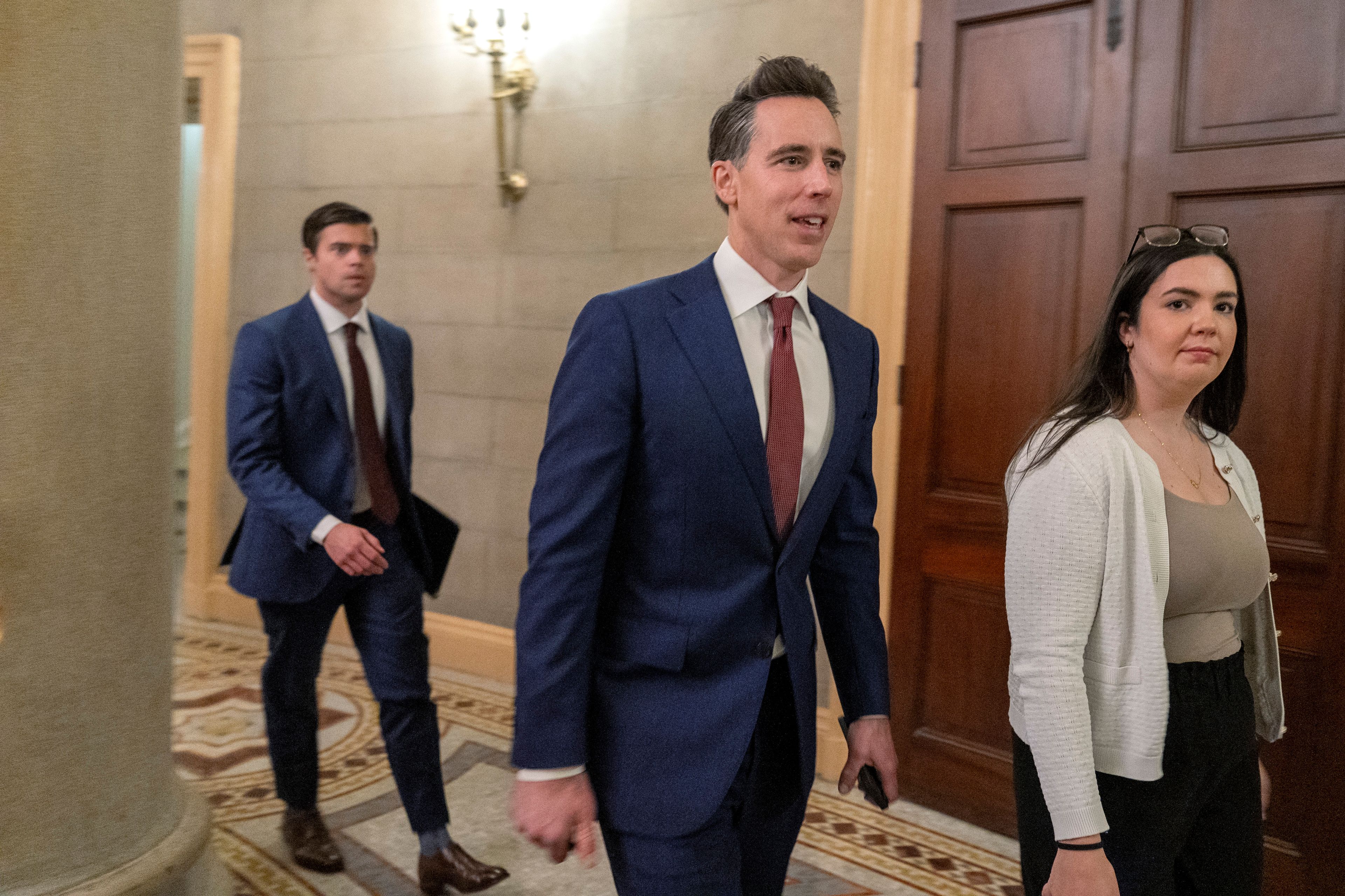 Senate Judiciary Committee Member Sen. Josh Hawley, R-Mo., leaves a meeting with former Rep. Matt Gaetz, R-Fla., President Trump's choice to be Attorney General, Wednesday, Nov. 20, 2024, on Capitol Hill in Washington. (AP Photo/Jacquelyn Martin)