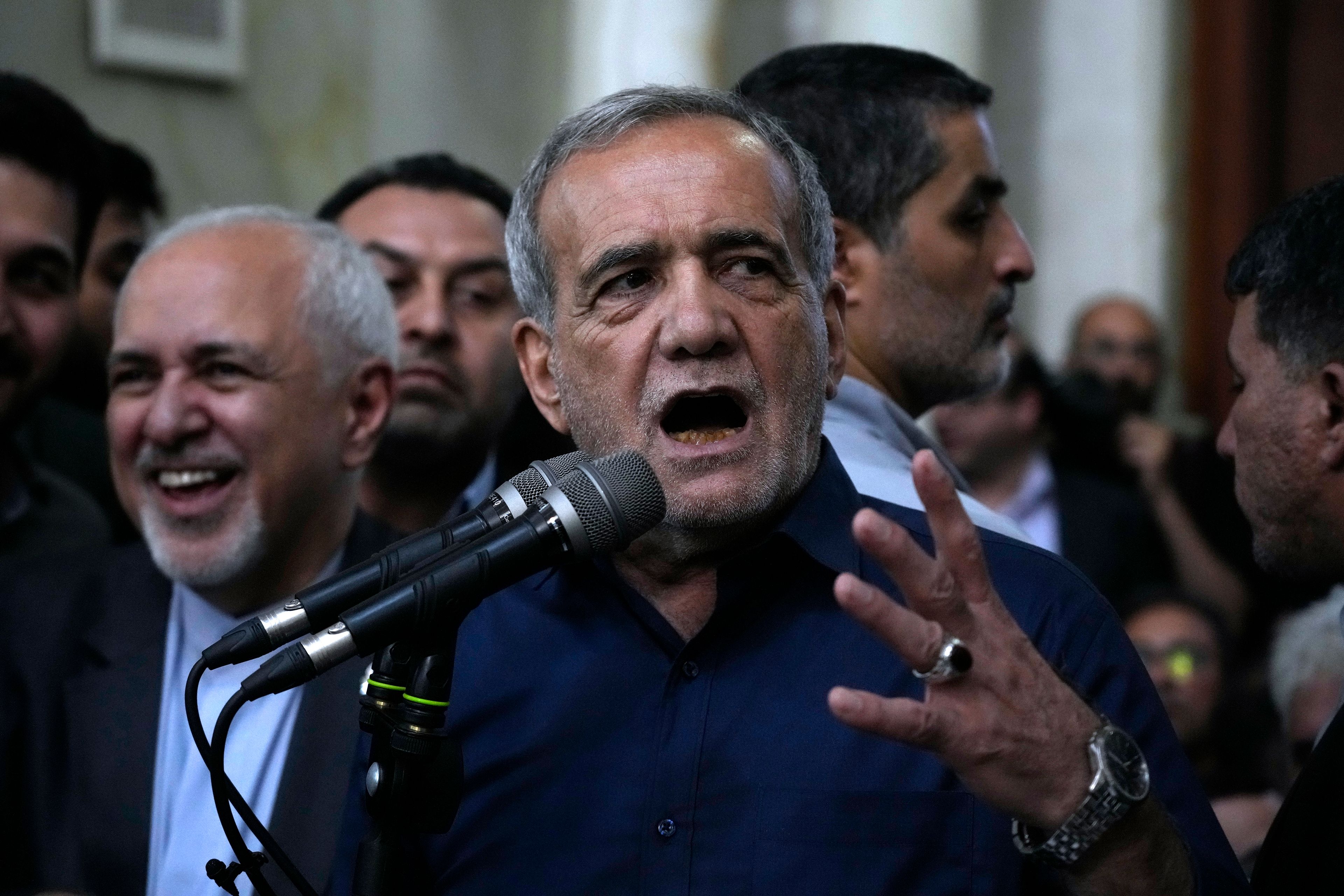 Iran's President-elect Masoud Pezeshkian speaks in a meeting a day after the presidential election, at the shrine of the late revolutionary founder Ayatollah Khomeini, just outside Tehran, Iran, Saturday, July 6, 2024. (AP Photo/Vahid Salemi)