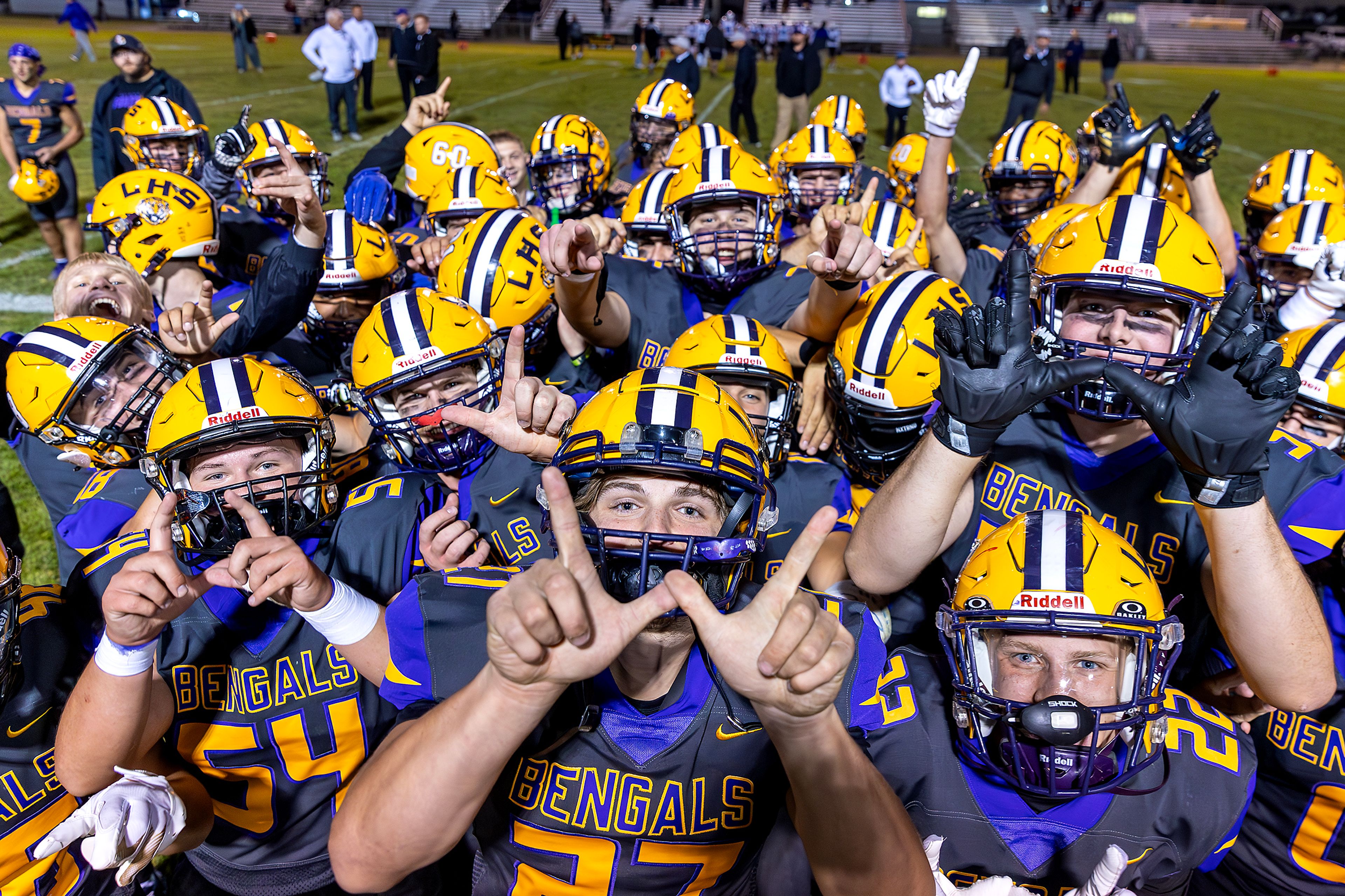 Lewiston celebrates its 48-0 shutout of Hermiston in a nonconference game at Bengal Field Friday in Lewiston.