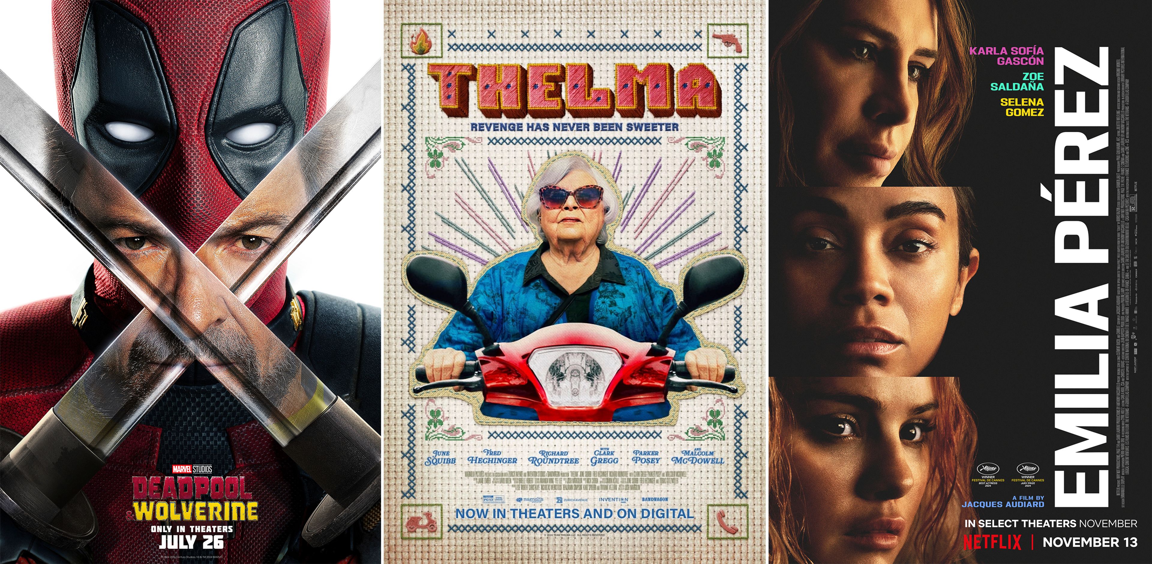 This combination of images shows promotional art for the films "Deadpool & Wolverine," from left, "Thelma", and "Emilia Perez" 