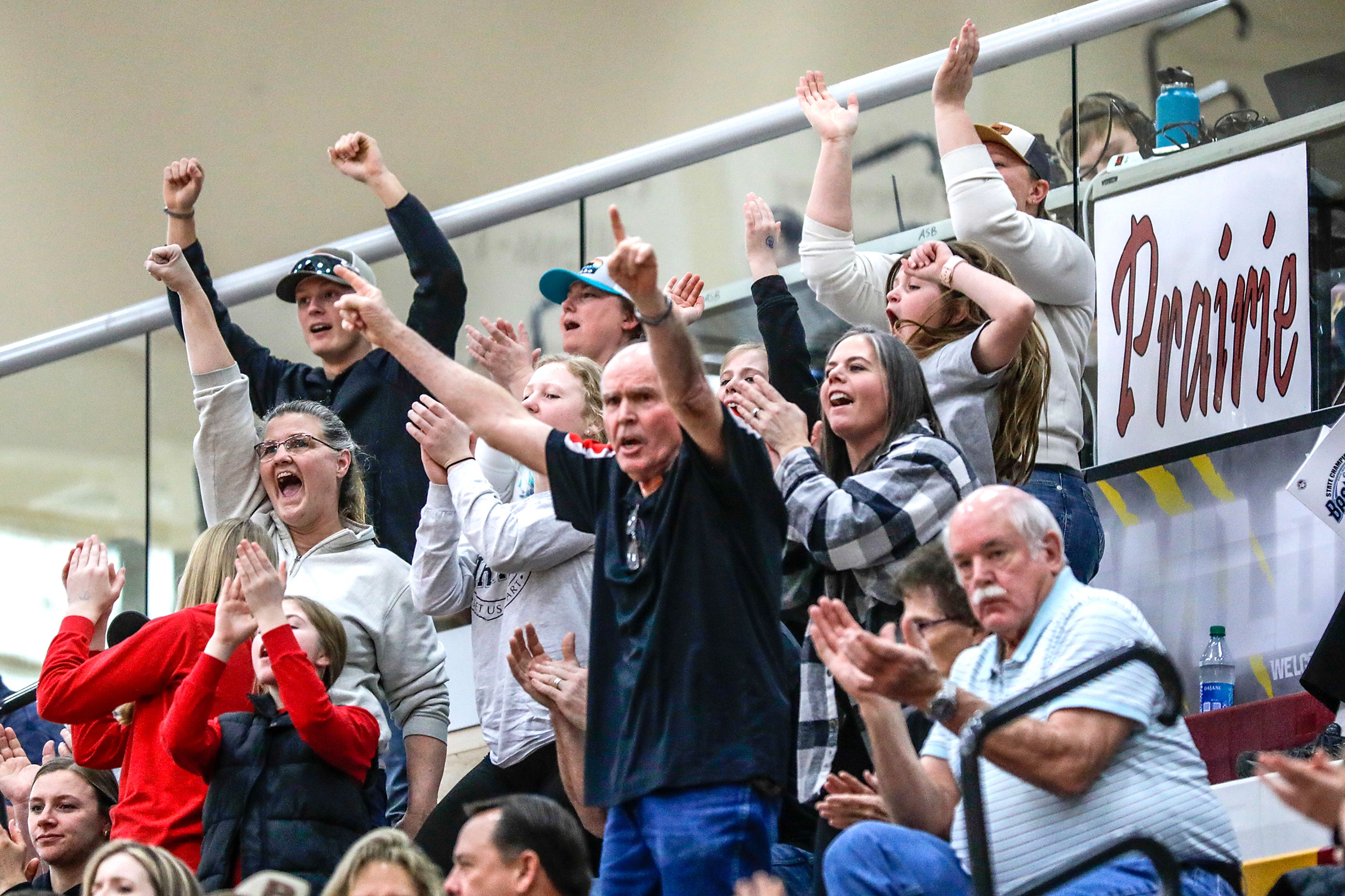 The Prairie fan section cheers on the team against Murtaugh during a quarterfinal game in the girls 1A DI state tournament Thursday at Columbia High School in Nampa.