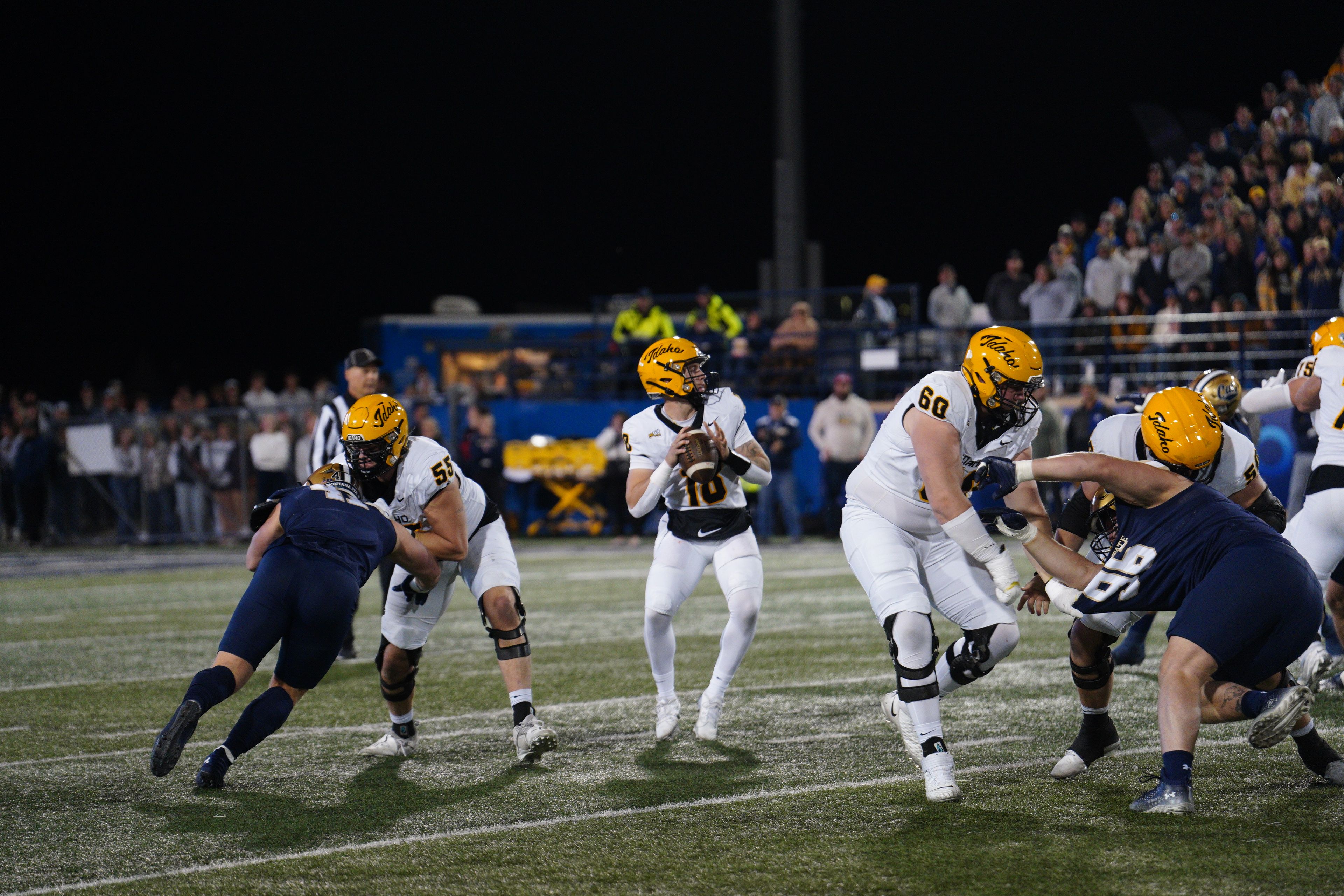 Idaho quarterback  Nick Josifek looks to pass as his offensive line protects him during the Vandals� game versus the Montana State Bobcats on Saturday, Oct. 12, 2024, in Bozeman, Mont.