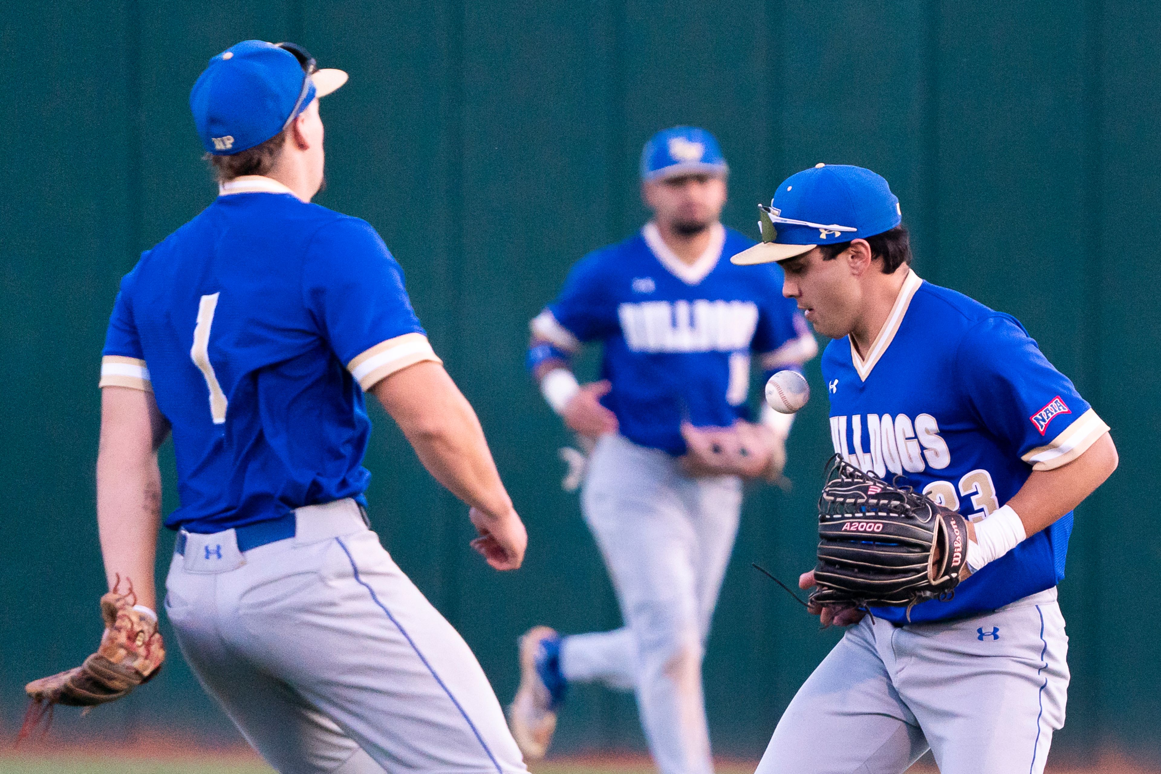 Tennessee Wesleyan’s Jack Stevens (23) bobbles the ball during Game 19 of the NAIA World Series against Hope International on Friday at Harris Field in Lewiston.