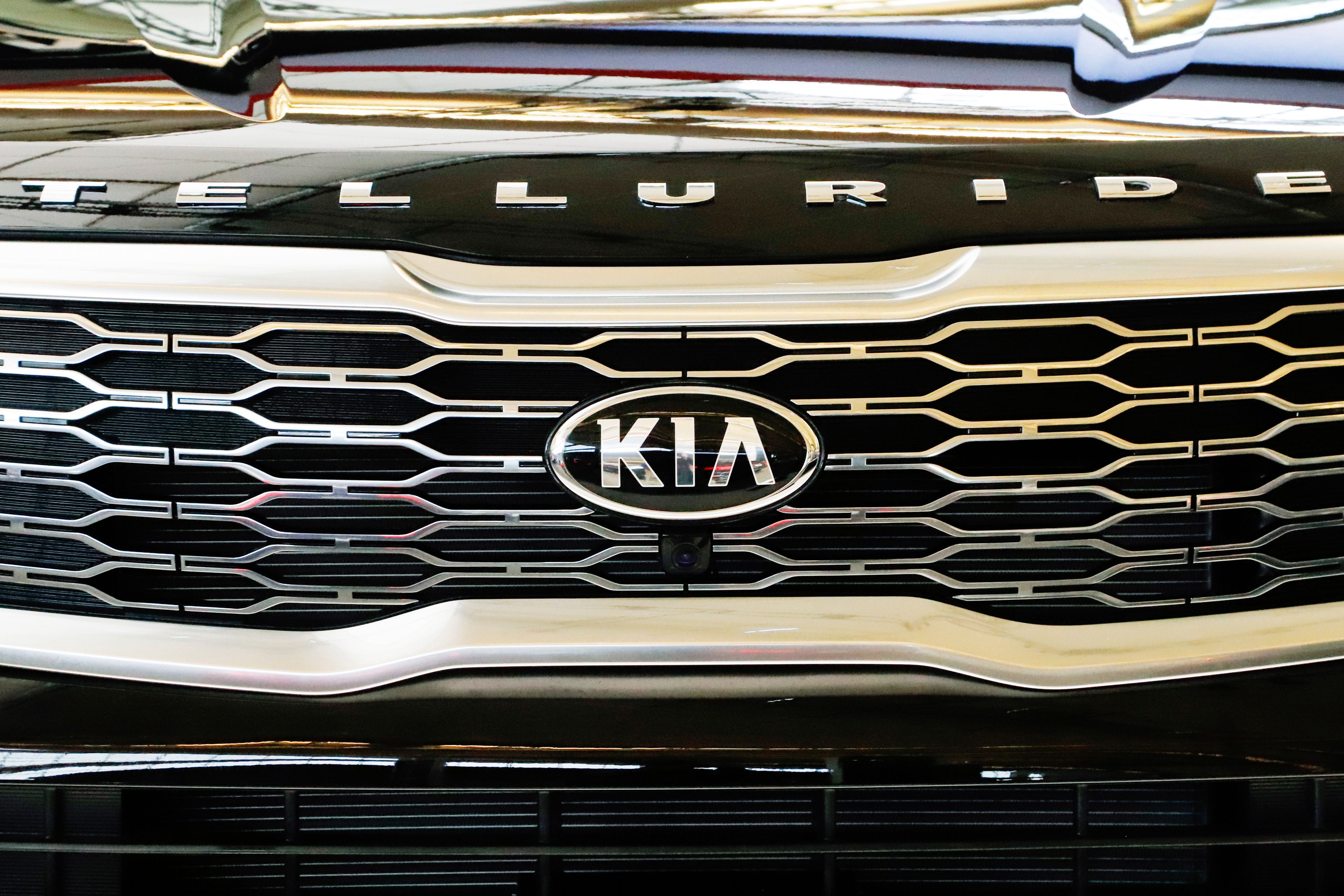 FILE - This is the front grill on a 2020 KIA Telluride on display at the 2019 Pittsburgh International Auto Show in Pittsburgh Thursday, Feb. 14, 2019. Kia America is recalling nearly 463,000 Telluride SUVs — and urging impacted owners to park their cars outside and away from other structures until an issue that poses a notable fire hazard is fixed.