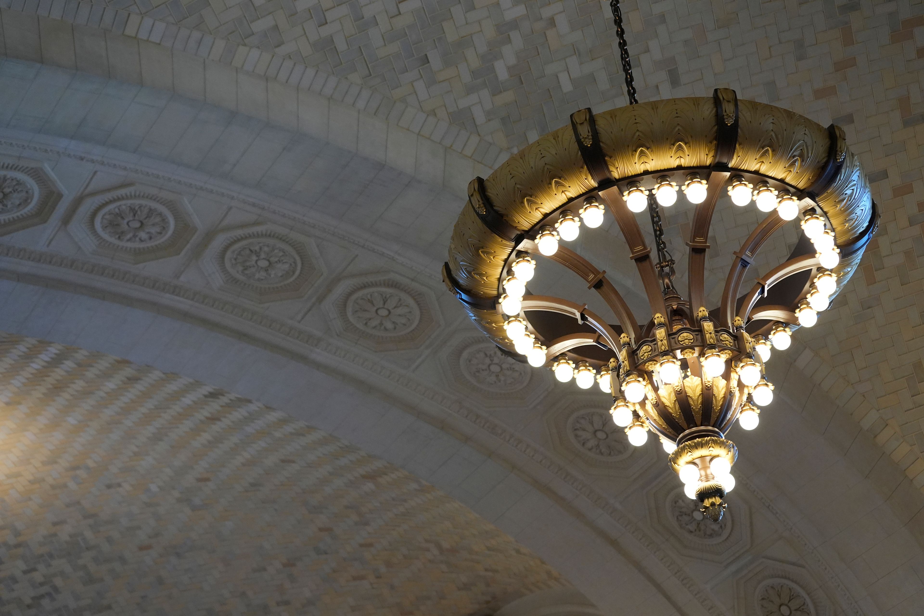 The ceiling of the Michigan Central Station is seen, Monday, May 13, 2024 in Detroit. A once hulking scavenger-ravaged monolith that symbolized Detroit's decline reopens this week after a massive six-year multimillion dollar renovation by Ford Motor Co., which restored the Michigan Central Station to its past grandeur with a focus squarely on the future of mobility.