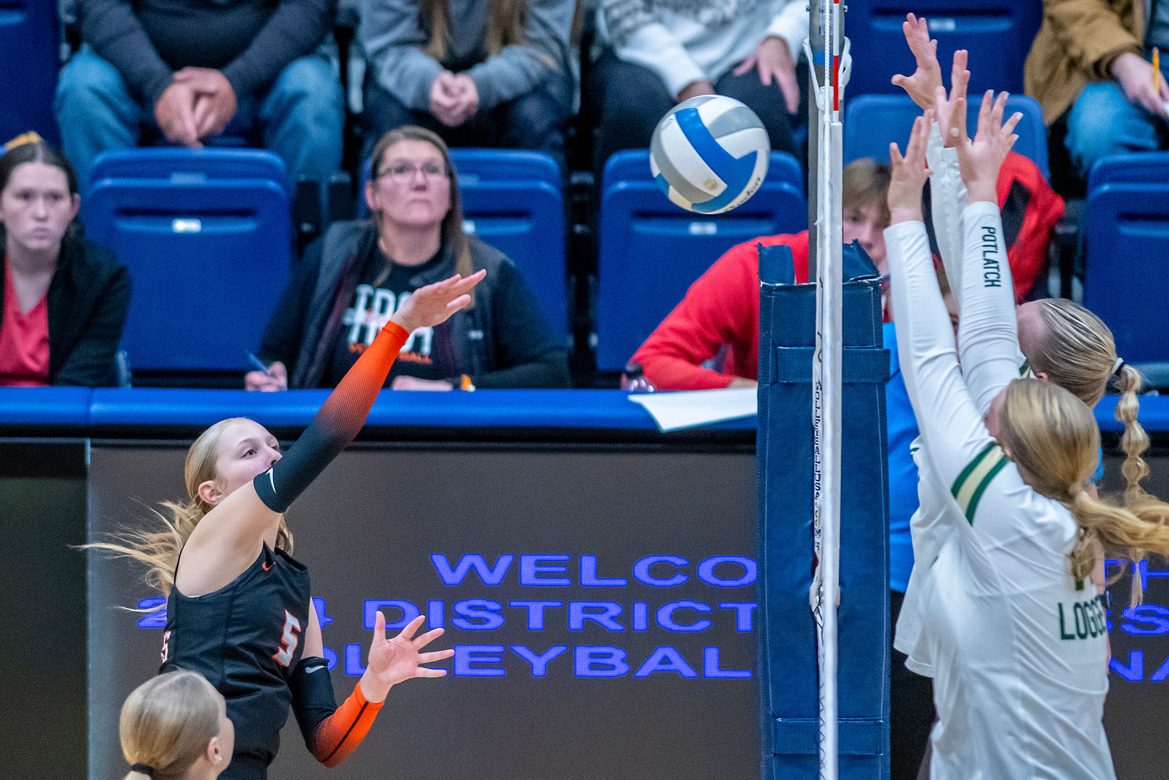 Troy setter Emma Wells spikes the ball against Potlatch during a 2A district championship Wednesday at the P1FCU Activity Center in Lewiston.