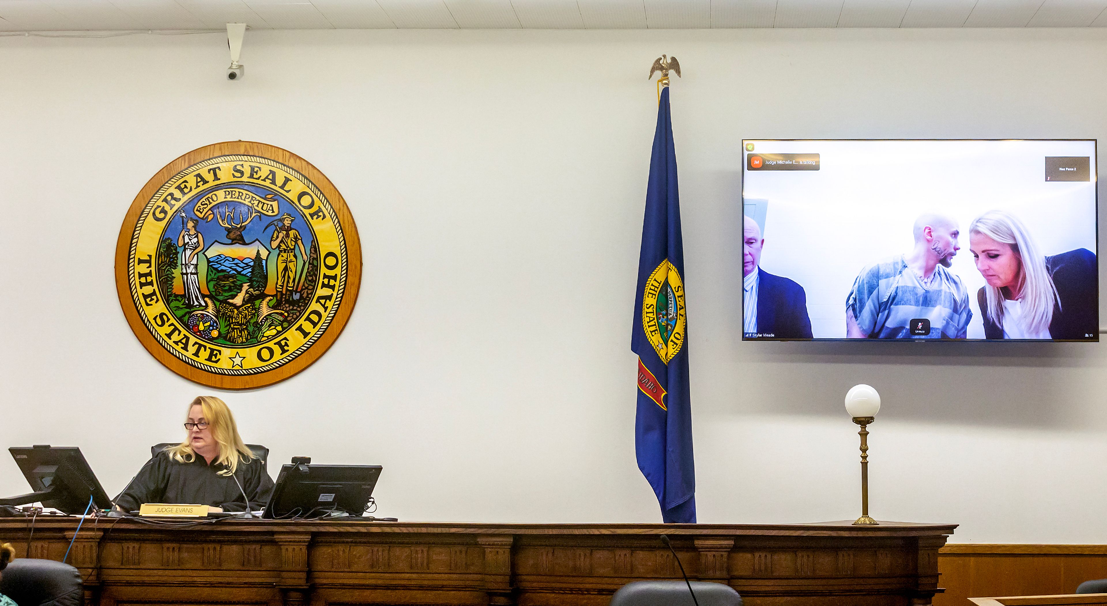 Skylar Meade appears via Zoom with his attorneys Rick Cuddihy, left, and Anne Taylor for his arraignment before Judge Michelle Evans Thursday at the Nez Perce County Courthouse in Lewiston.