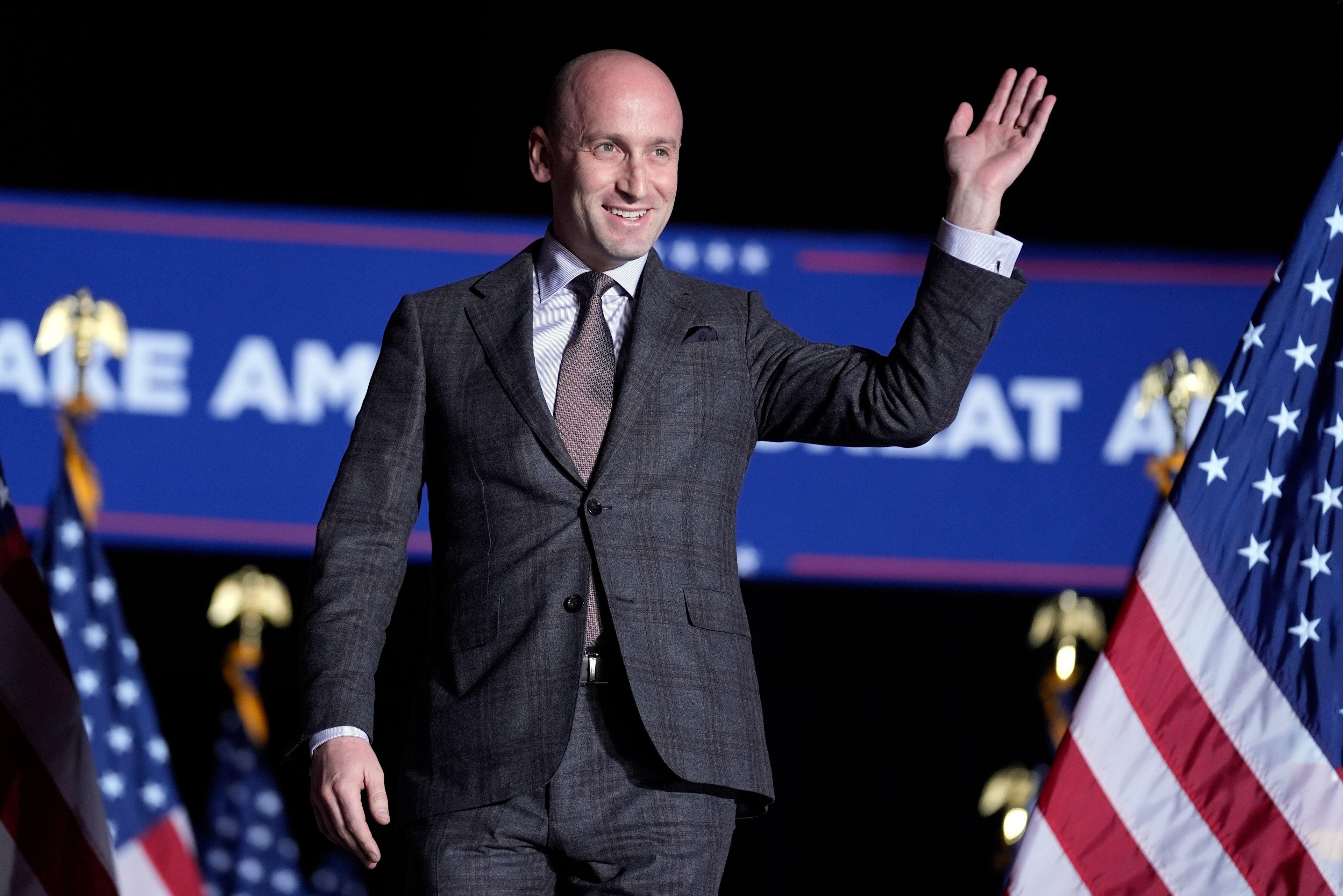 FILE - Stephen Miller arrives before Republican presidential nominee former President Donald Trump speaks during a campaign rally, Friday, Oct. 18, 2024, in Detroit. (AP Photo/Evan Vucci, File)