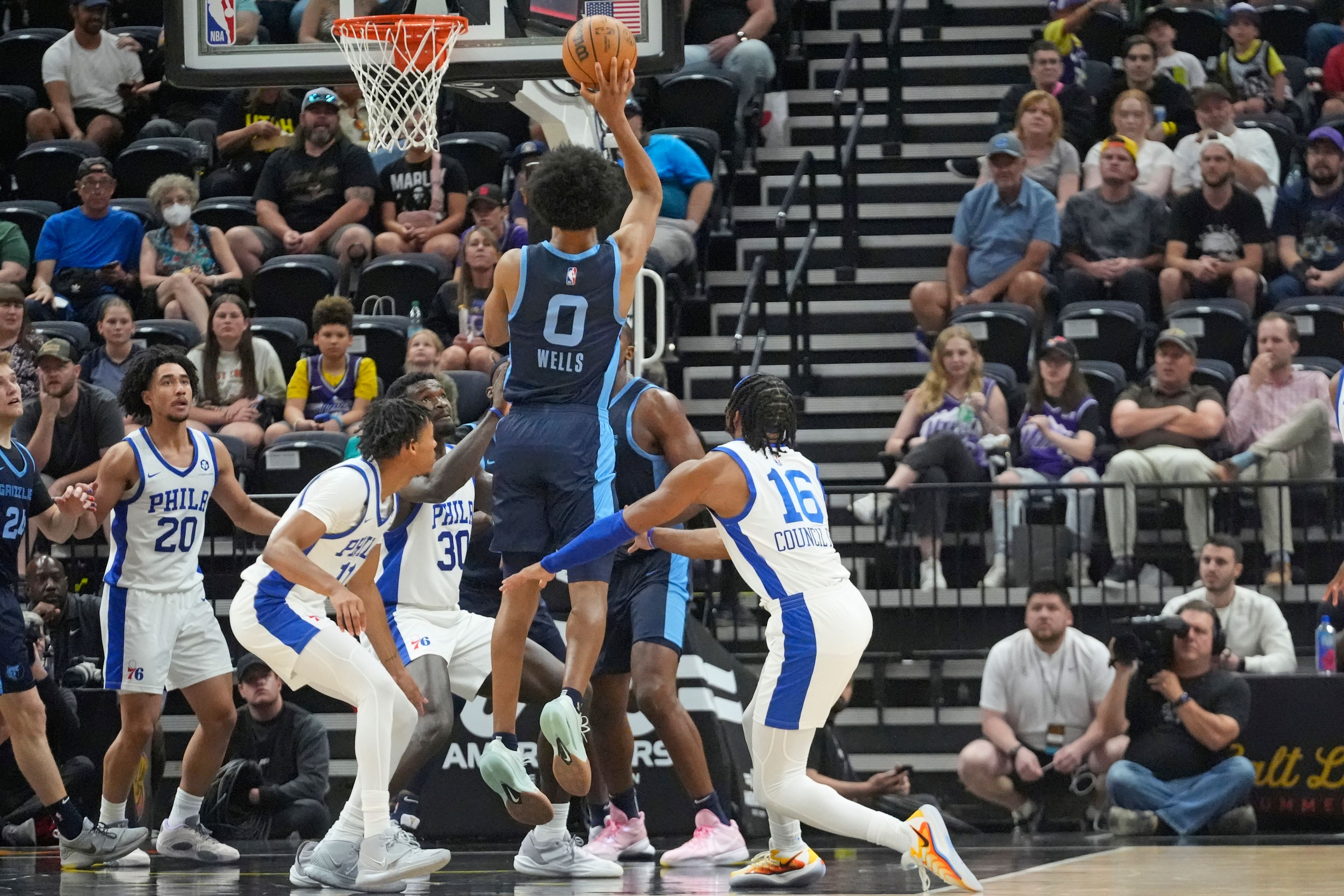 Memphis Grizzlies forward Jaylen Wells (0) scores the winning shot against the Philadelphia 76ers during the second half of an NBA summer league basketball game Tuesday, July 9, 2024, in Salt Lake City. (AP Photo/Rick Bowmer)