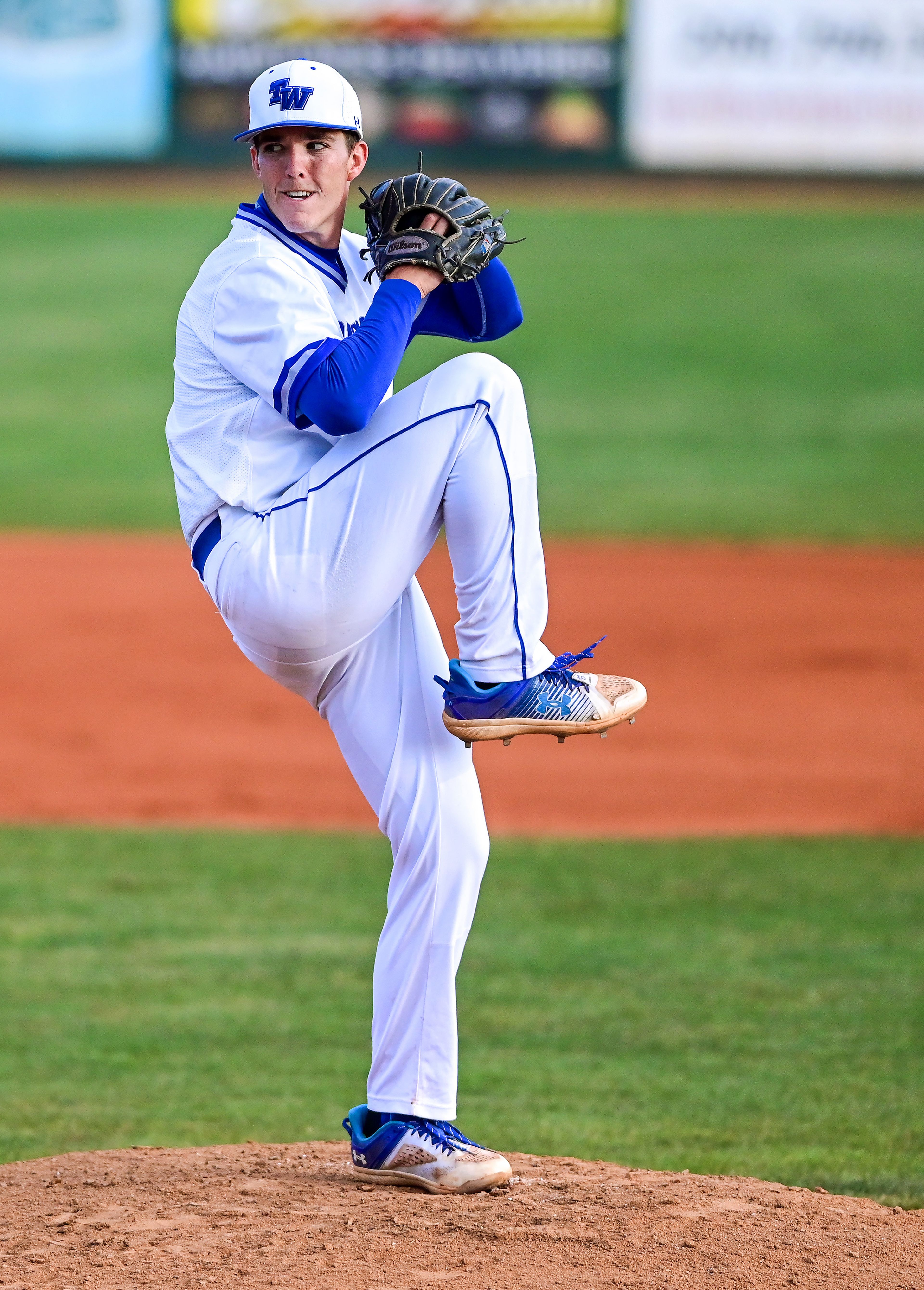 Tennessee Wesleyan pitcher Blake Peyton prepares to pitch to Reinhardt in Game 18 of the NAIA World Series at Harris Field in Lewiston on Thursday.