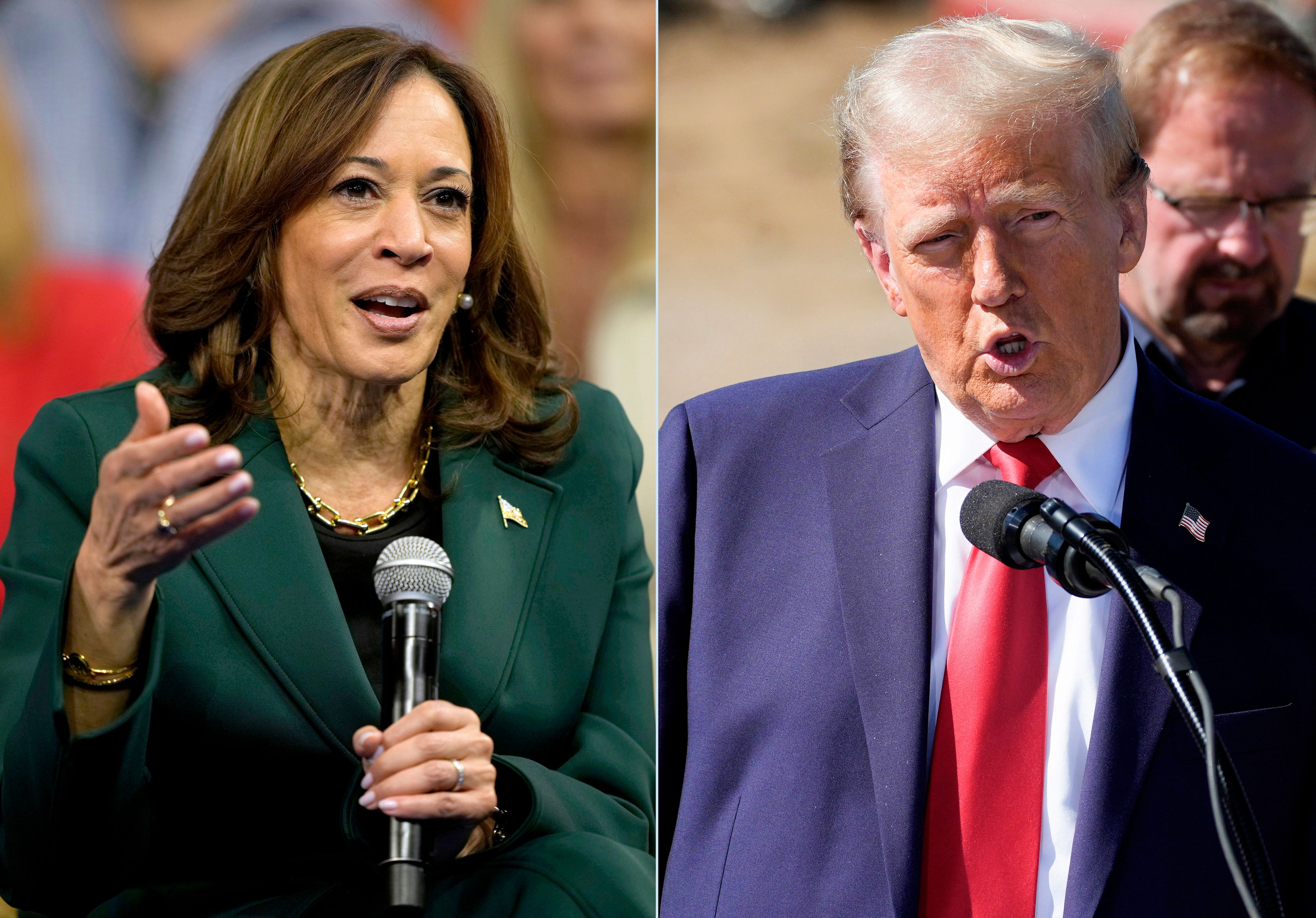 This combination of photos taken Monday, Oct. 21, 2024, shows Democratic presidential nominee Vice President Kamala Harris speaking during a town hall in Malvern, Pa., left, and Republican presidential nominee former President Donald Trump delivering remarks on Hurricane Helene in Swannanoa, N.C.. (AP Photo)