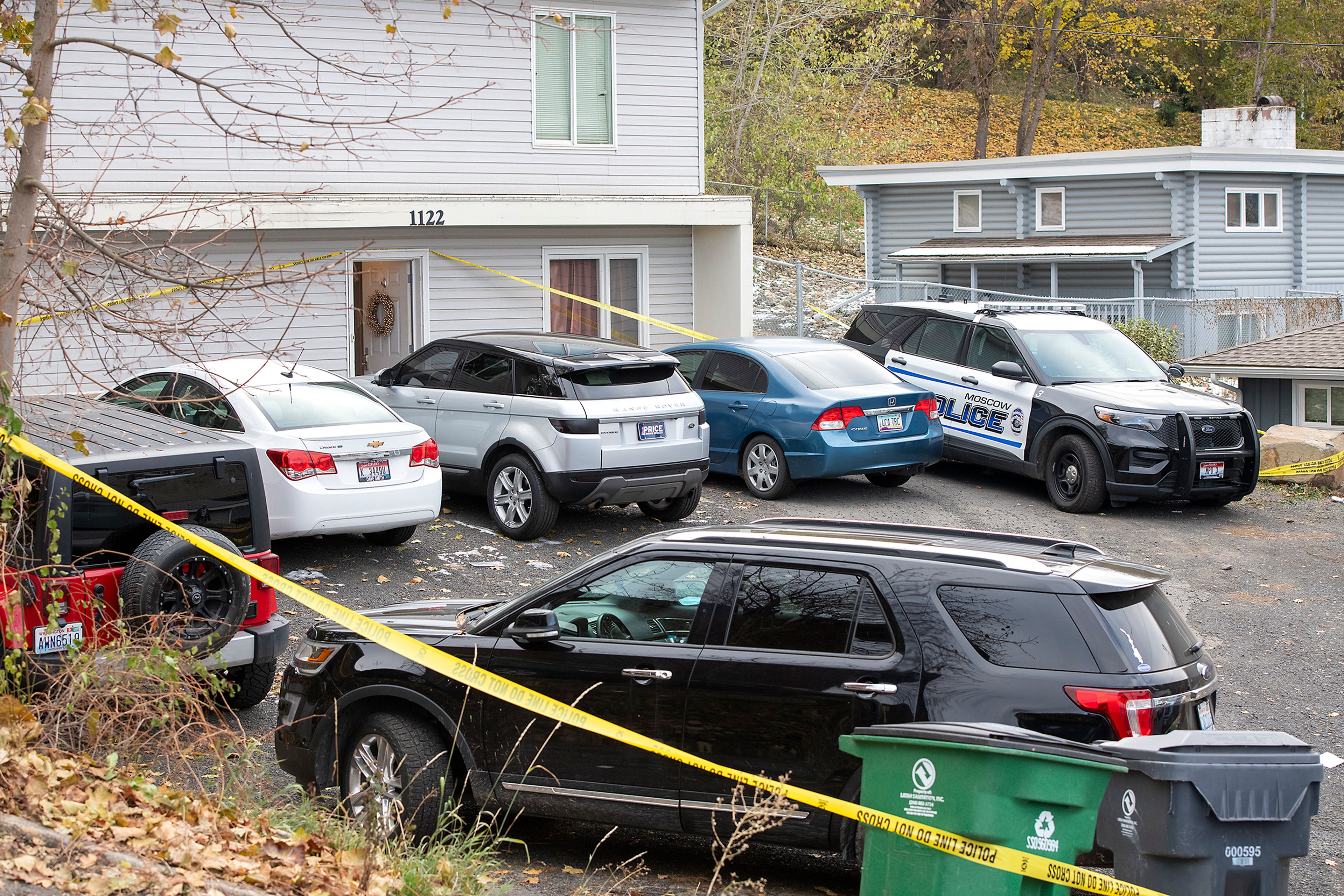 An apartment complex south of the University of Idaho campus is taped off Monday as law enforcement investigates a homicide. Four students were found dead on King Road near the campus, according to a city of Moscow news release.