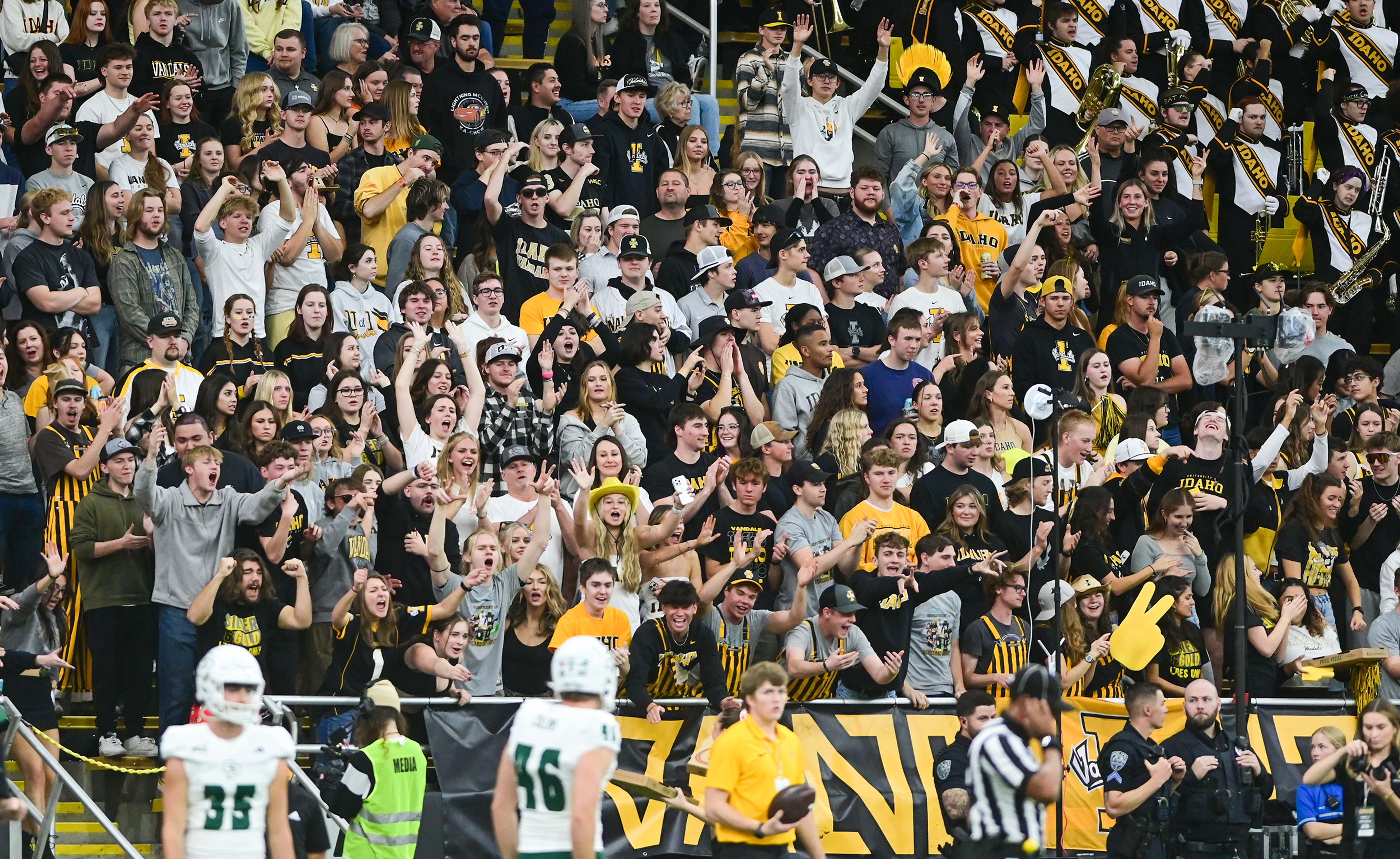 The student section cheers on Idaho Saturday as they play Cal Poly at the P1FCU Kibbie Dome in Moscow.,