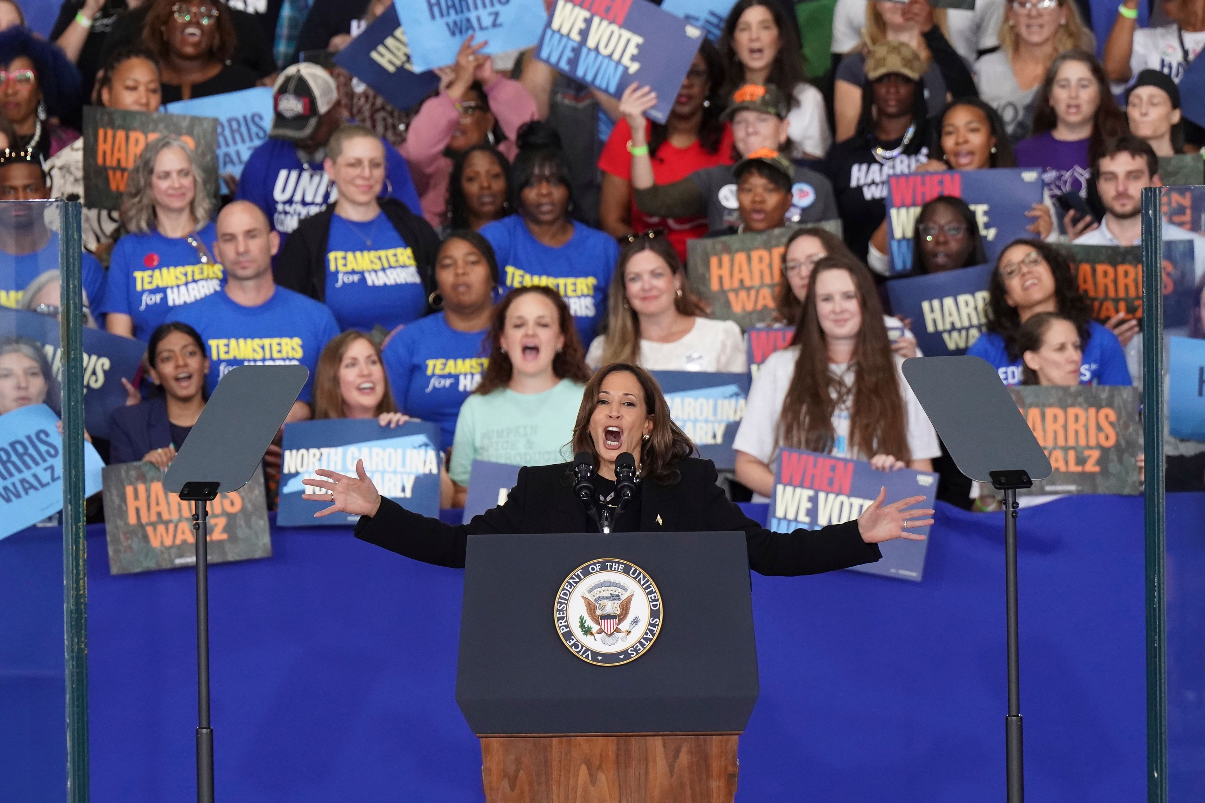 Democratic presidential nominee Vice President Kamala Harris speaks at a campaign rally, Wednesday, Oct. 30, 2024, in Raleigh, N.C. (AP Photo/Allison Joyce)