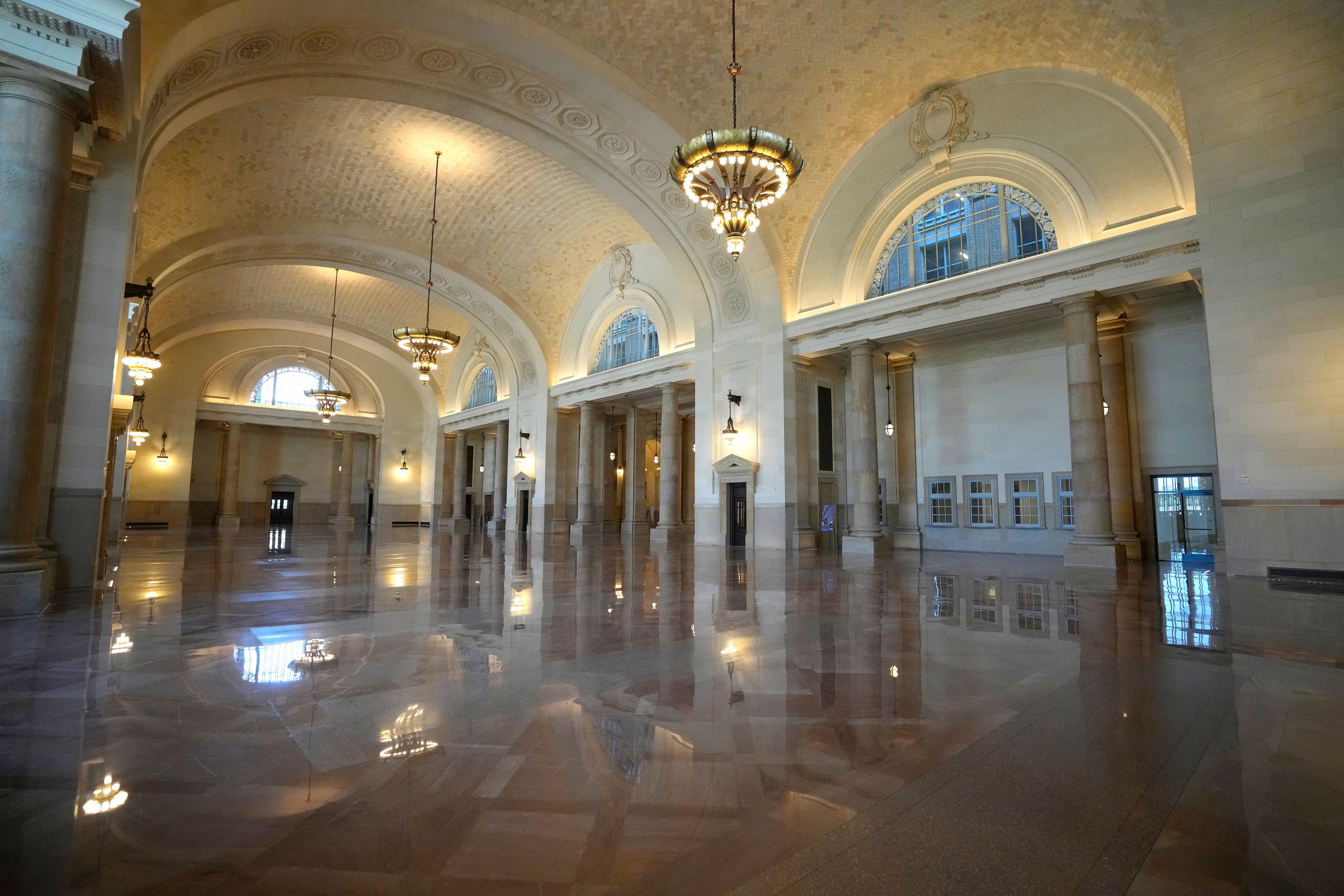 The interior of the Michigan Central Station is seen, Monday, May 13, 2024 in Detroit. A once hulking scavenger-ravaged monolith that symbolized Detroit's decline reopens this week after a massive six-year multimillion dollar renovation by Ford Motor Co., which restored the Michigan Central Station to its past grandeur with a focus squarely on the future of mobility.