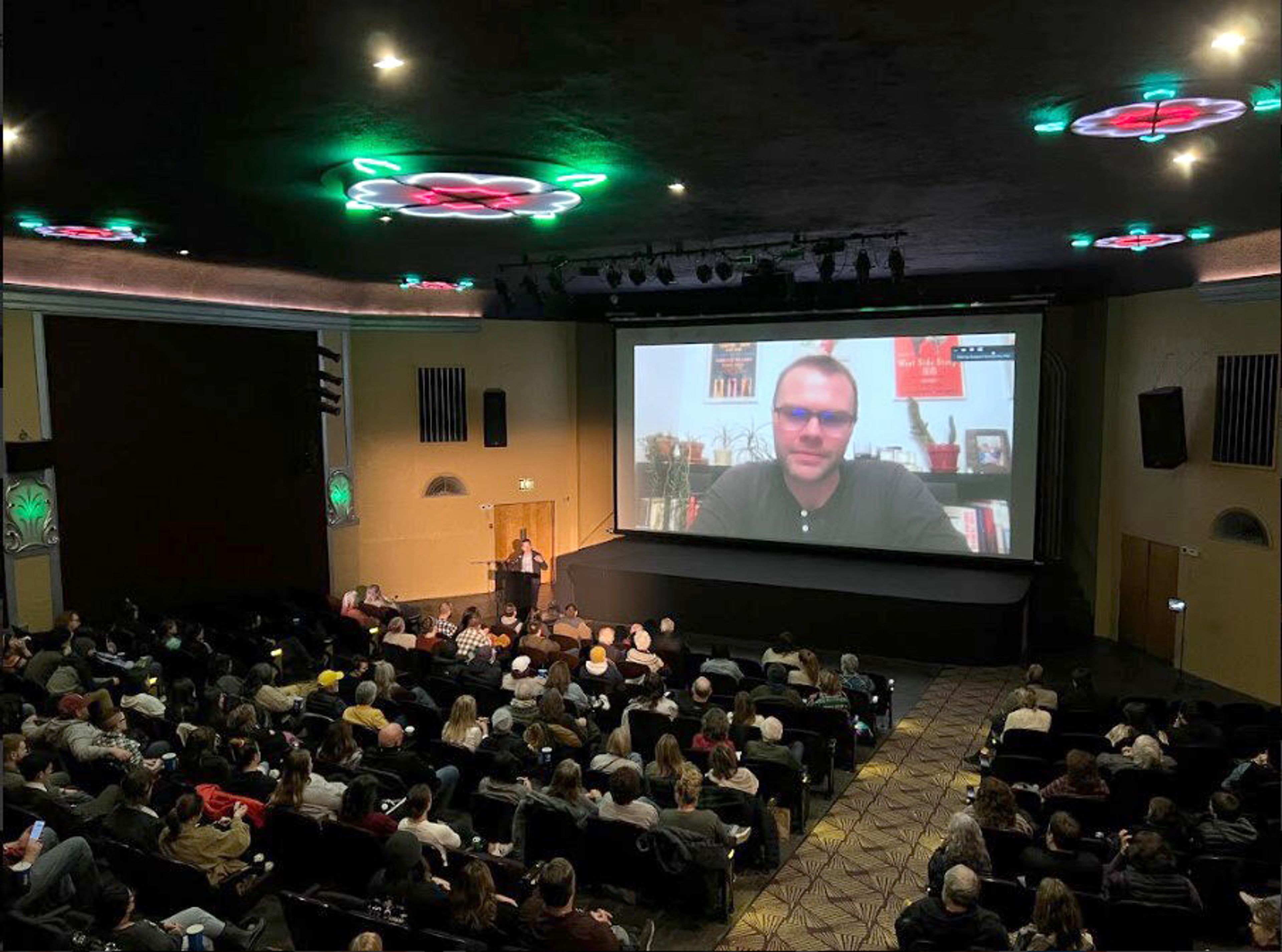 Sam Hunter speaks to audience members Sunday at the Kenworthy Performing Arts Centre in Moscow after a screening of the film "The Whale," which Hunter wrote.