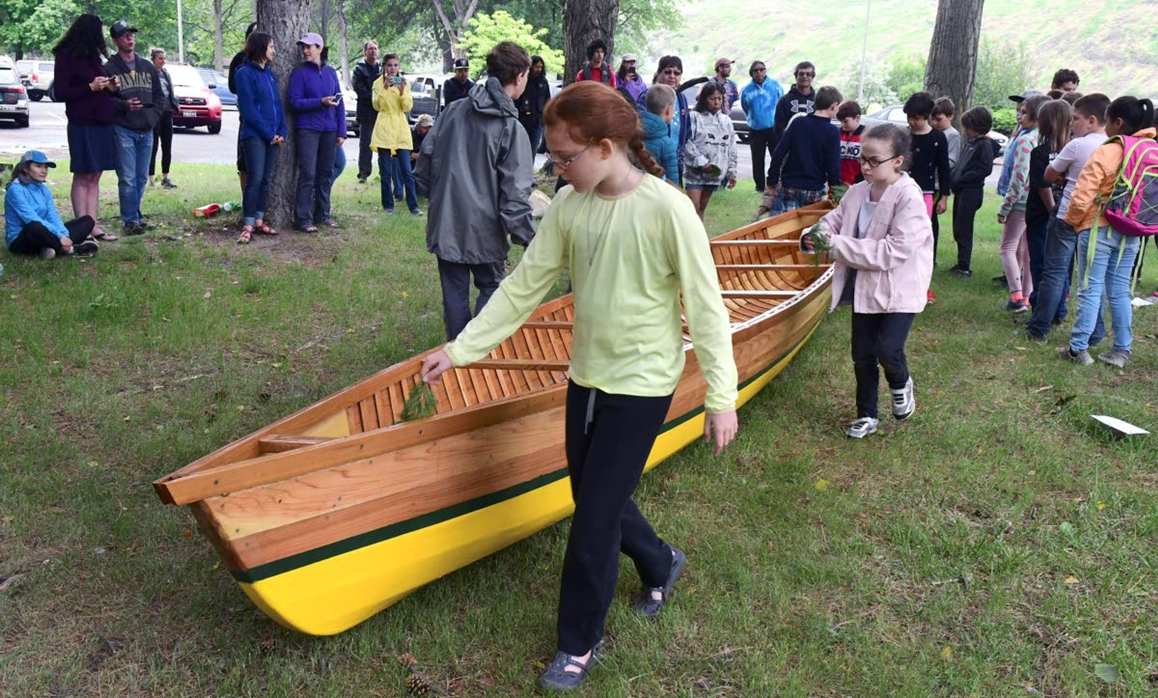 Fourth-graders from Palouse Prairie Charter School in Moscow launched a 22-foot cedar-plank canoe Friday at Chief Timothy Park on the Snake River west of Clarkston. Renee Hill’s students built the canoe at school over the past two months, with guidance from Xander Demetrious and Adam Wicks-Arshack, while they studied American Indian culture. With the help of Nez Perce Tribal members, the canoe, named the “Chinook,” was blessed Friday, then carried by all the students, and set afloat in the Snake River. The new handmade boat was paddled around Silcott Island in a light rain. It will be donated to the Nez Perce Tribe’s Nimiipuu Protecting the Environment group for teaching and regional demonstrations. See Page 6C for another photo.