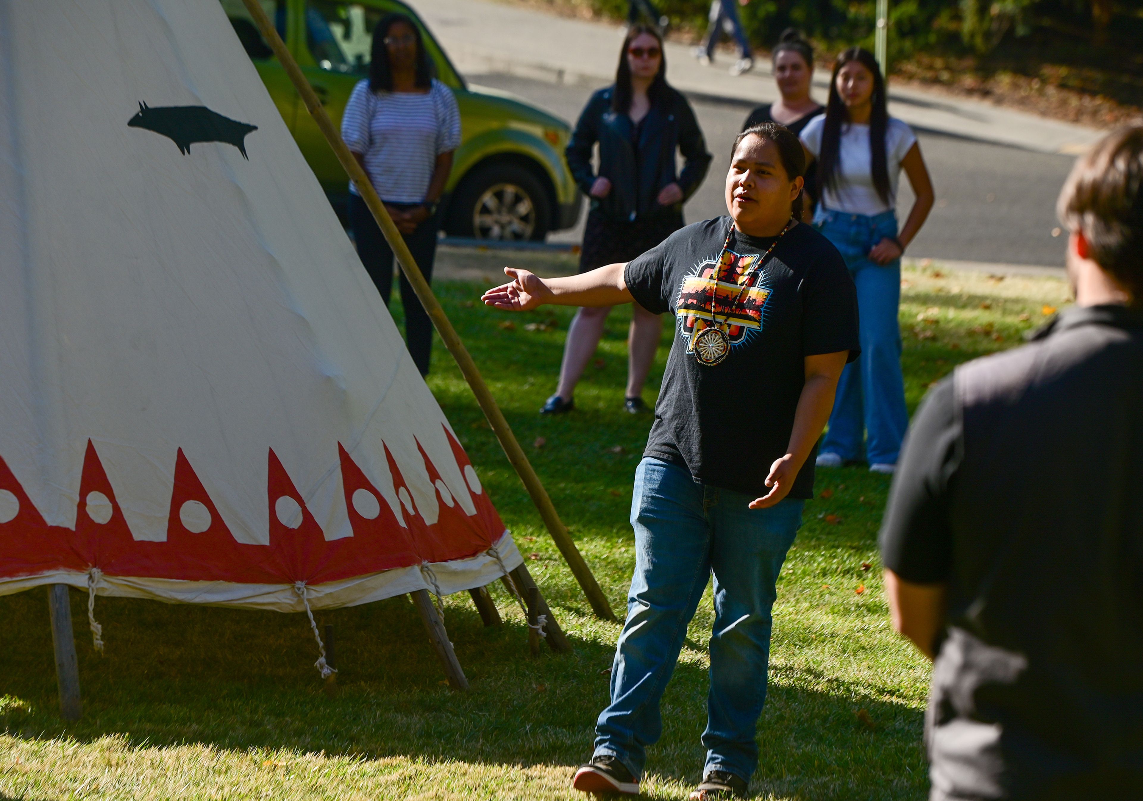 Nathan Tinno, president of the University of Idaho Native American Student Association, speaks Monday during the Indigenous Peoples Day event hosted by the UI Native American Student Center on campus in Moscow.