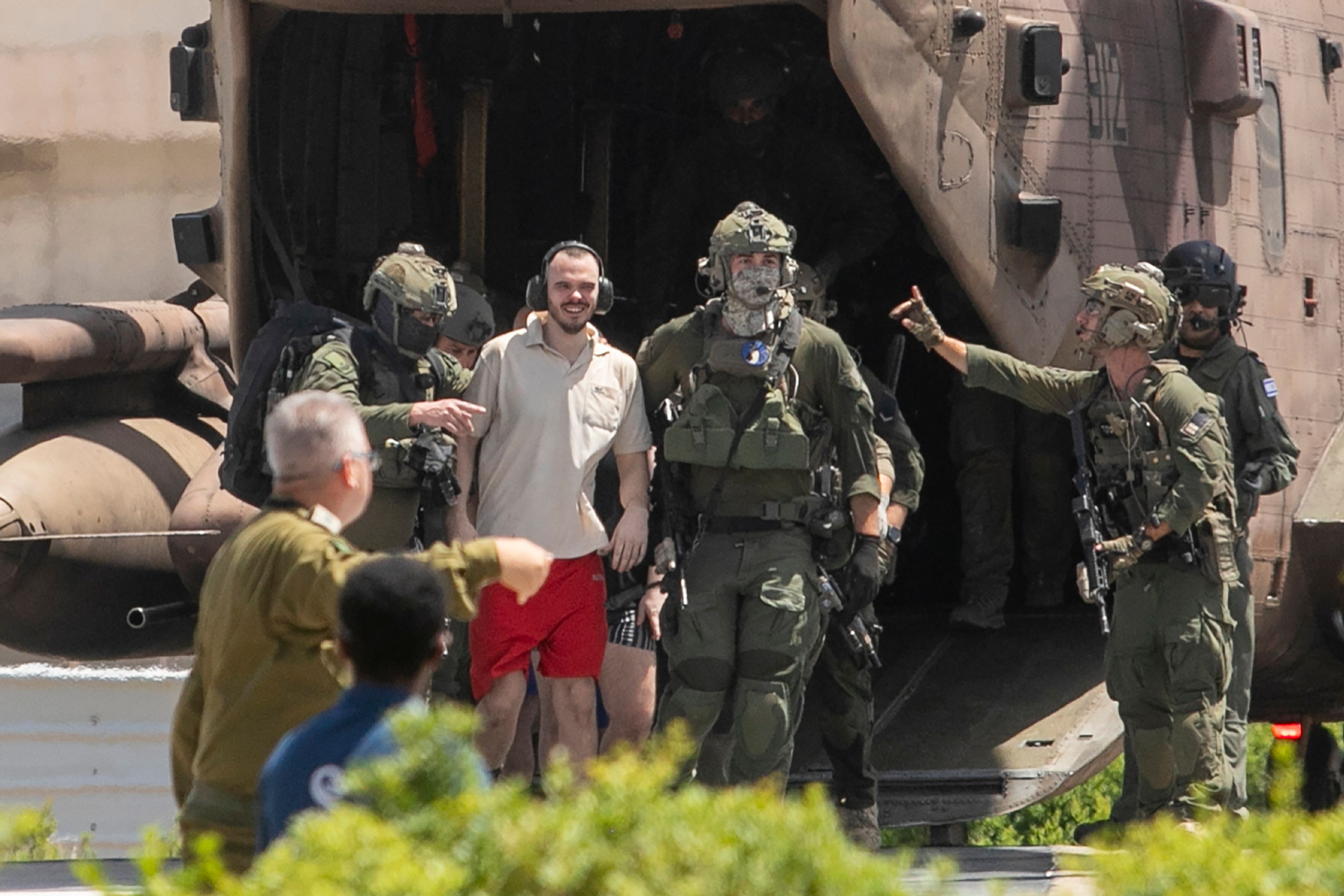 Andrey Kozlov, 27, kidnapped from Israel in a Hamas-led attack on Oct. 7, 2023, arrives by helicopter to the Sheba Medical Center in Ramat Gan, Israel, Saturday, June 8, 2024. Israel says it has rescued four hostages in Gaza who were kidnapped in a Hamas-led attack on Oct. 7.