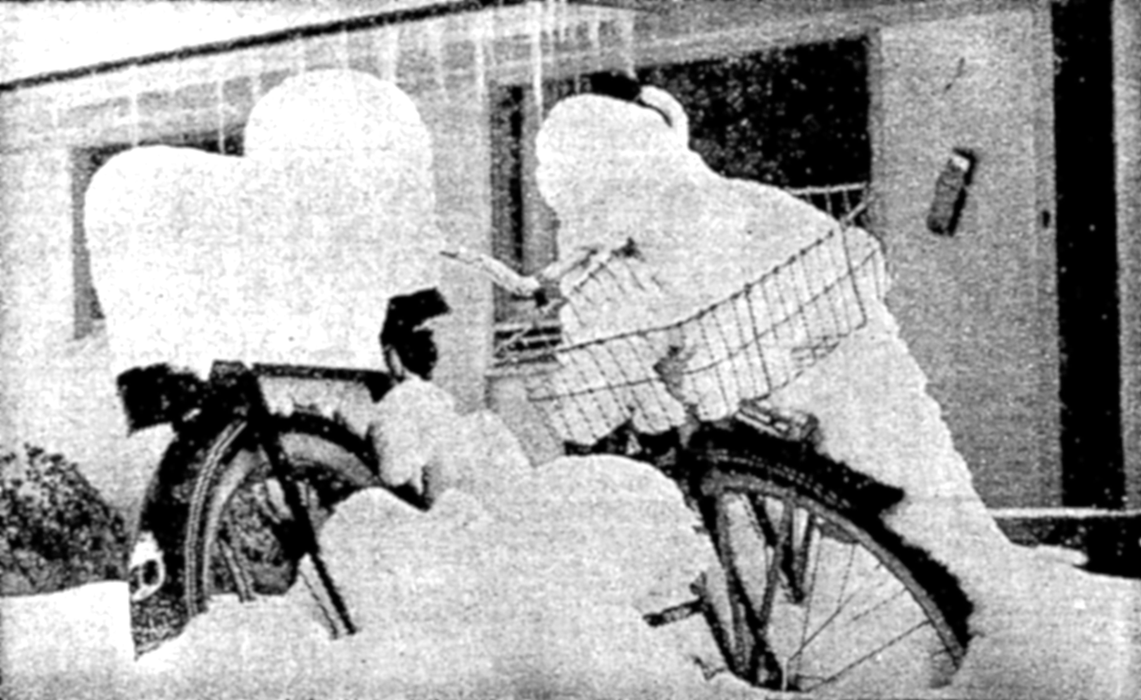 GHOST ON B I K E — Tne snow made grotesque caricatures out of ordinary things when it fell on the Twin Cities yesterday. Sally Weeks’ bicycle looks as though it had a ghost- rider. When this picture was taken by Tribune Staff Photographer Dick Holm, the bike was in the front yard of Sally’s neighbors, Mr. and Mrs. Donald Crabb, 1111 6th St., Clarkston.