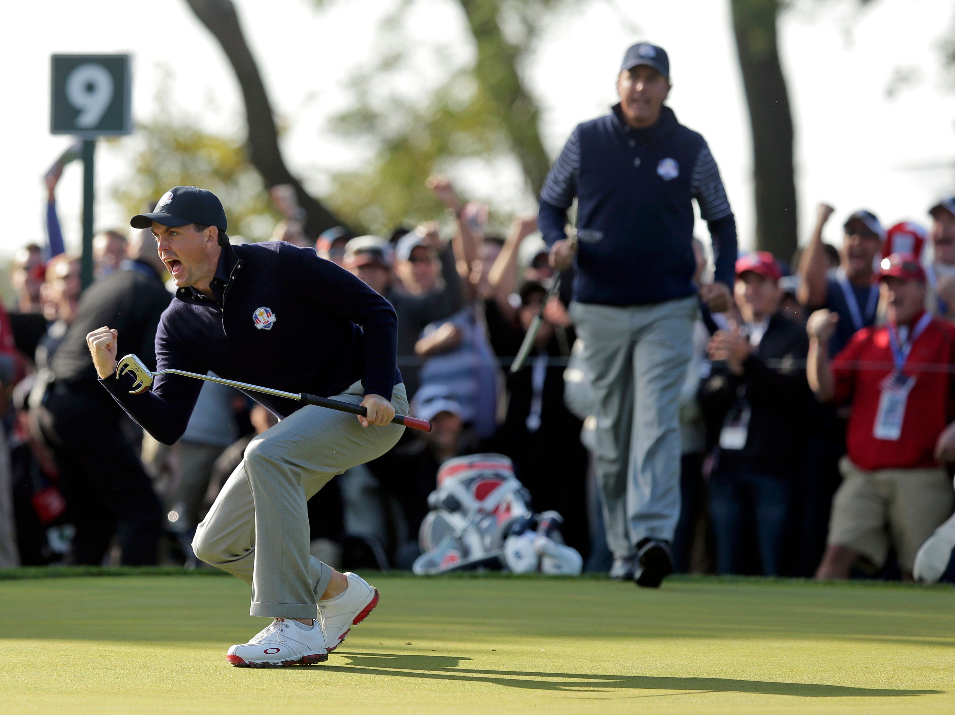 FILE - USA's Keegan Bradley reacts after making a putt on the ninth hole during a foursomes match at the Ryder Cup golf tournament Saturday, Sept. 29, 2012, at Medinah Country Club in Medinah, Ill. Bradley was selected as U.S. Ryder Cup captain for 2025, The PGA of America announced Monday, July 8, 2024. (AP Photo/Charlie Riedel, File)