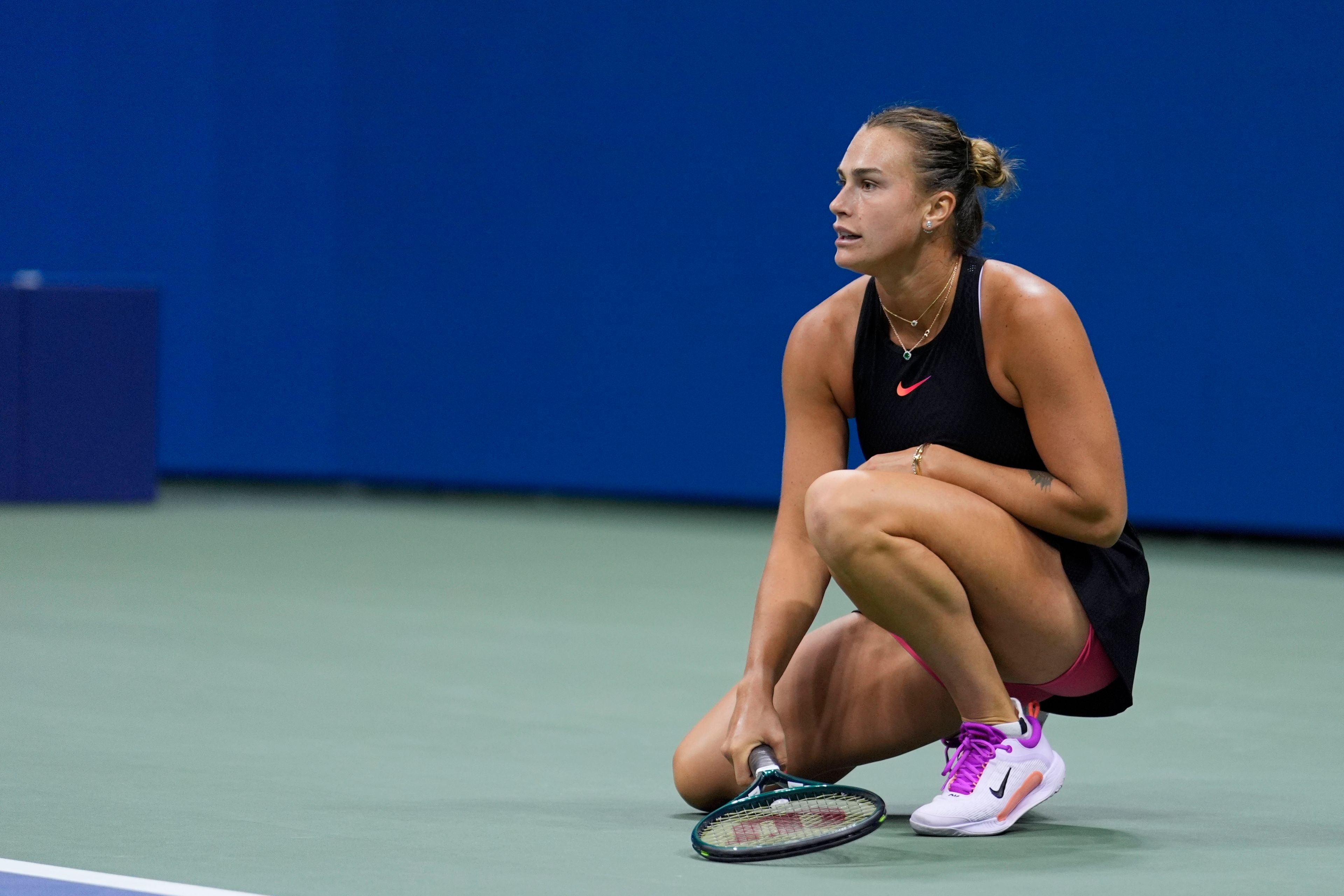 Aryna Sabalenka, of Belarus, watches a return shot to Emma Navarro, of the United States, during the women's singles semifinals of the U.S. Open tennis championships, Thursday, Sept. 5, 2024, in New York.