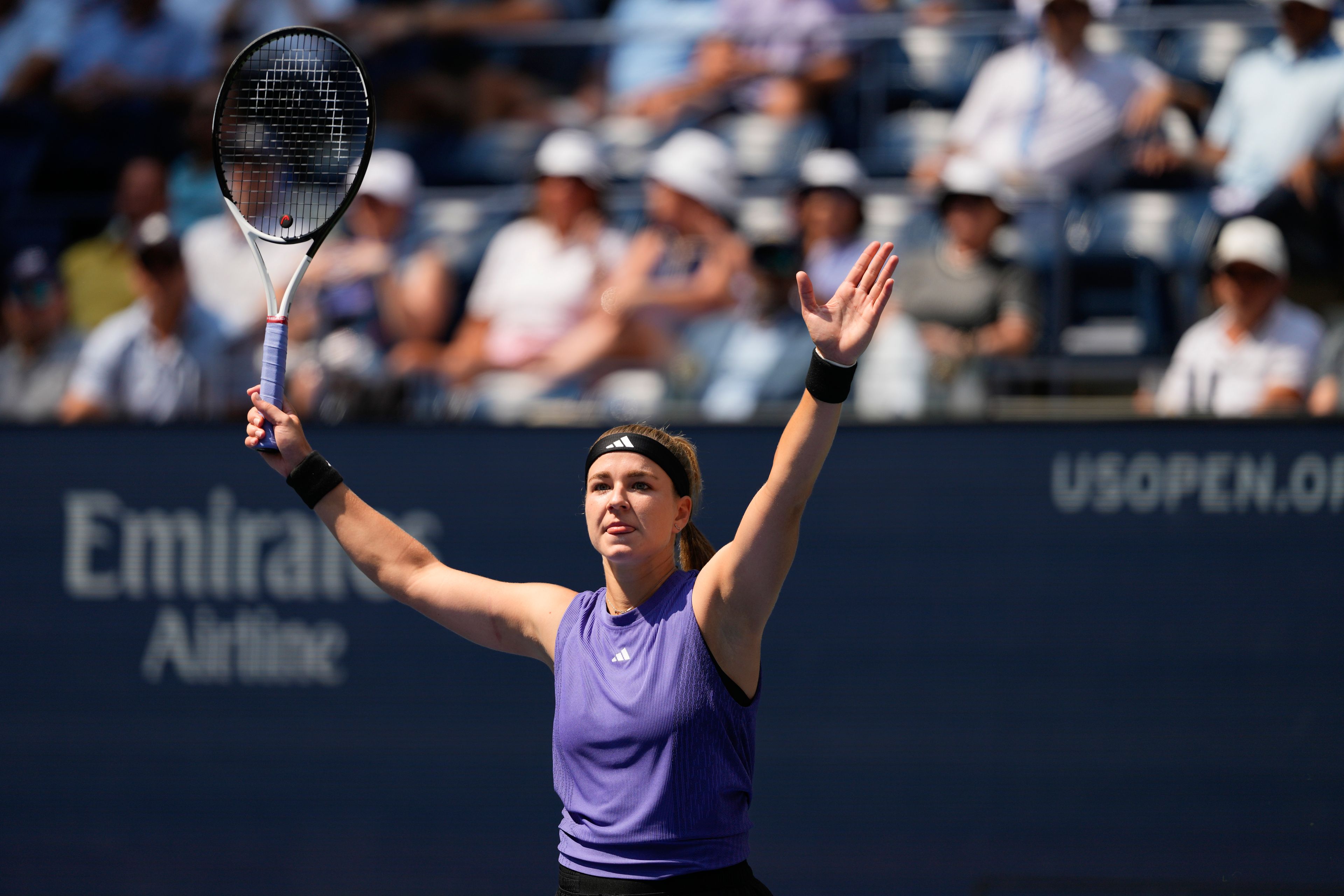 Karolina Muchova, of the Czech Republic, reacts after defeating Beatriz Haddad Maia, of Brazil, during the quarterfinals of the U.S. Open tennis championships, Wednesday, Sept. 4, 2024, in New York.