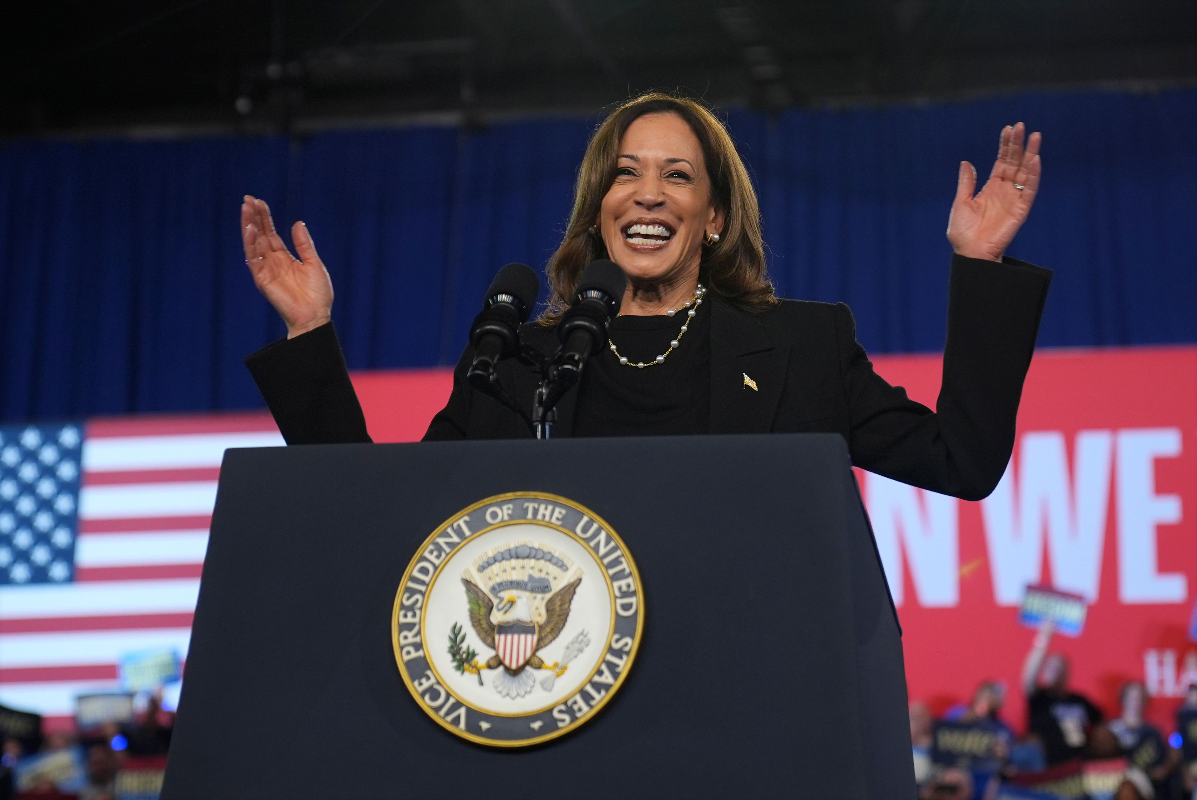 Democratic presidential nominee Vice President Kamala Harris speaks during a campaign event at the PA Farm Show Complex and Expo Center, Wednesday, Oct. 30, 2024, in Harrisburg, Pa. (AP Photo/Matt Rourke)