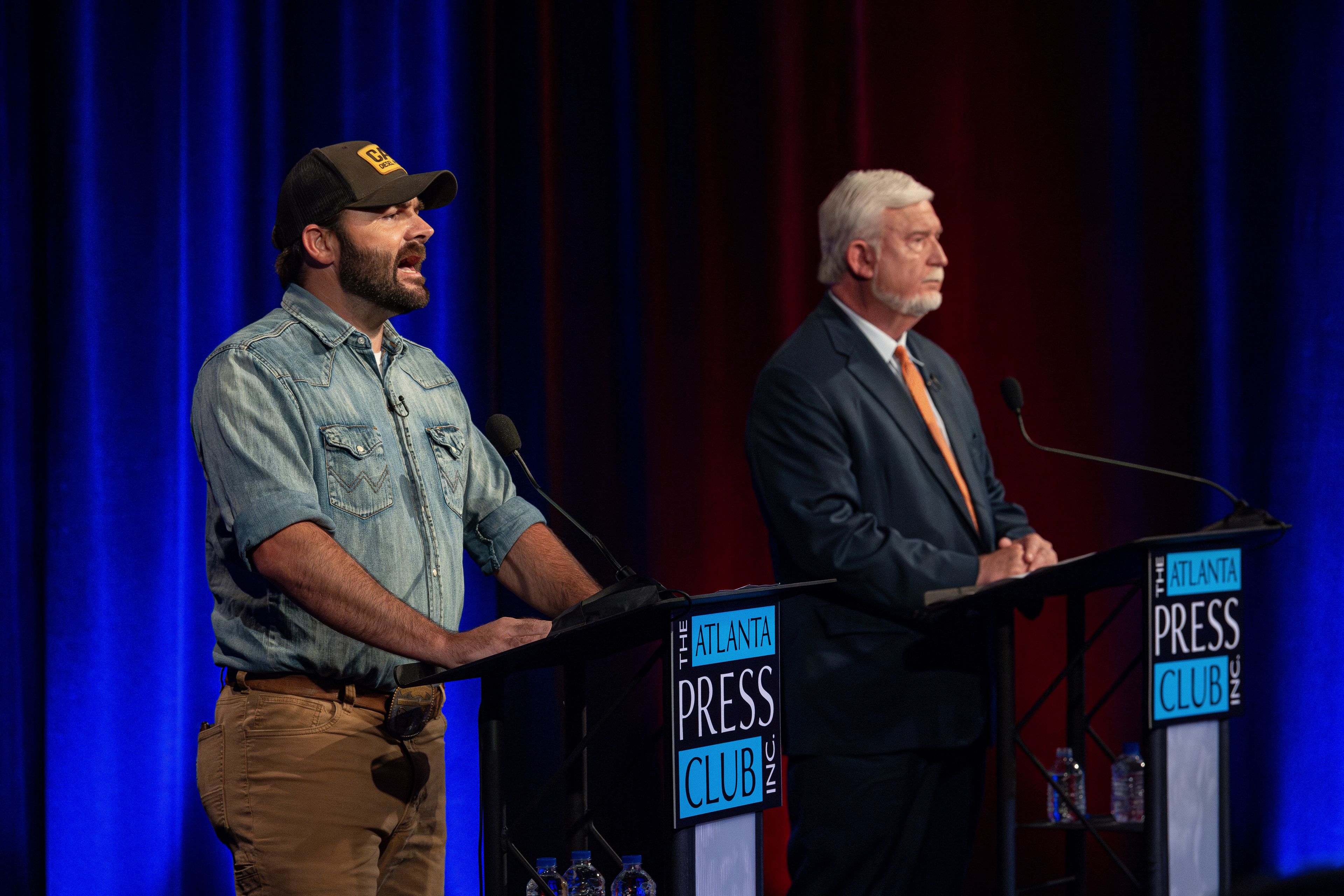 Georgia Republican Chuck Hand, left, speaks during a debate sponsored by the Atlanta Press Club with Republican Wayne Johnson on Sunday, June 9, 2024, in Atlanta. Both candidates for Georgia's 2nd Congressional District are competing in a June 18 runoff for the GOP nomination.