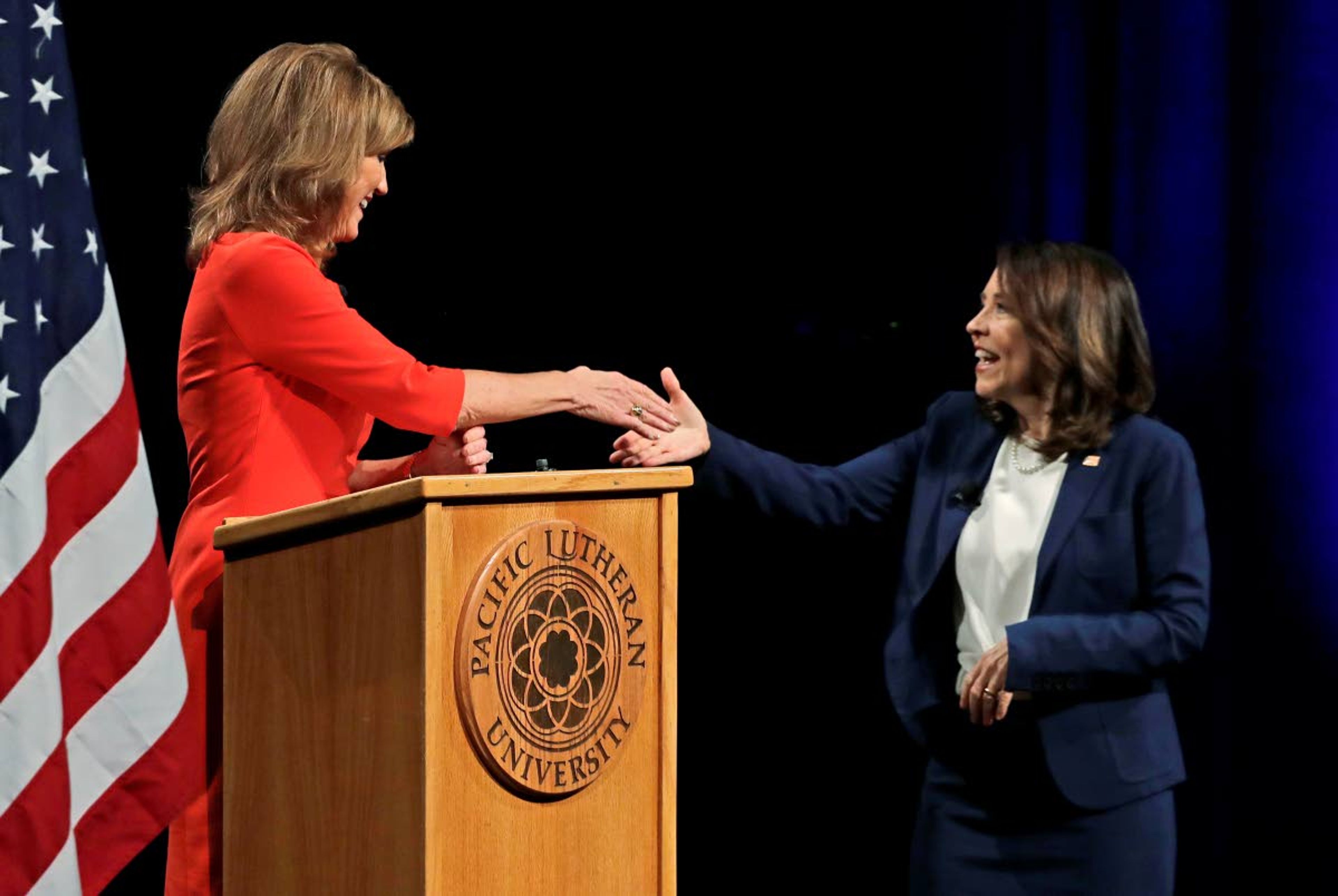 Sen. Maria Cantwell, D-Wash. (right), shakes hands with her Republican challenger, Susan Hutchison on Monday, following a debate at Pacific Lutheran University in Tacoma.