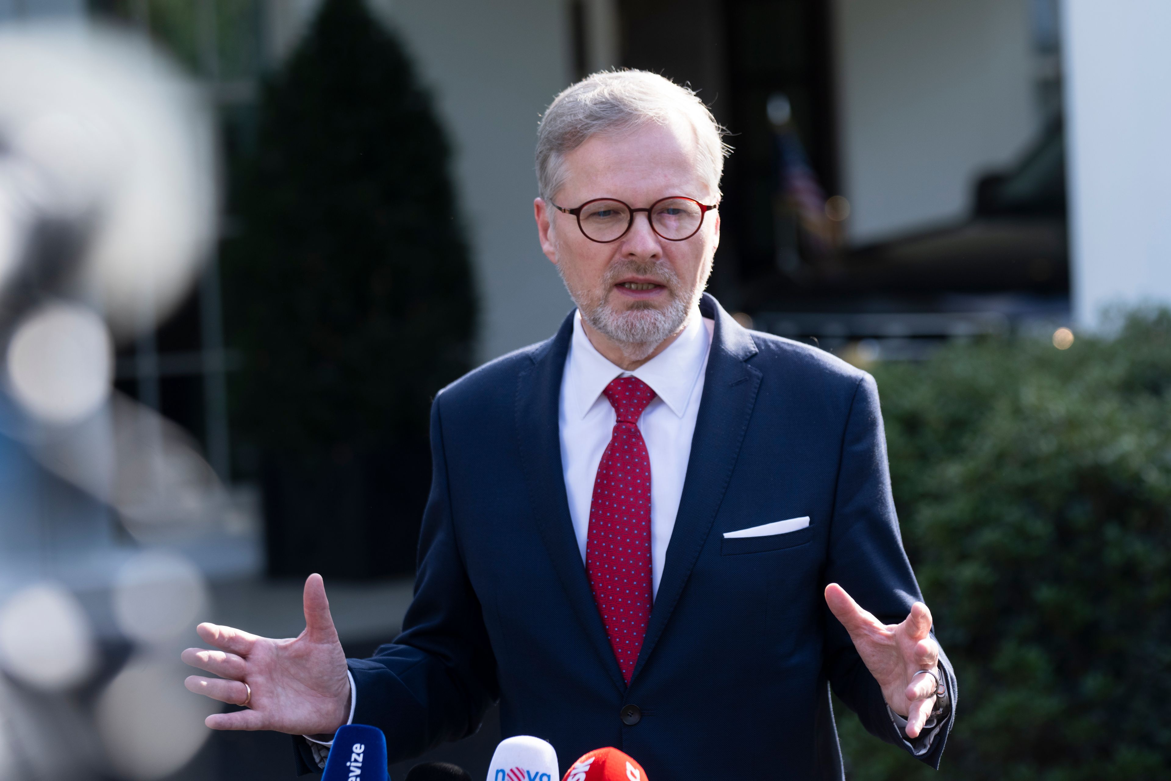 FILE - Prime Minister Petr Fiala of the Czech Republic speaks to reporters outside the West Wing of the White House, following a meeting with President Joe Biden, April 15, 2024. Czech authorities suspect that Russia might have been behind last week’s attempt to set buses of Prague’s public transport on fire, Prime Minister Petr Fiala said on Monday.