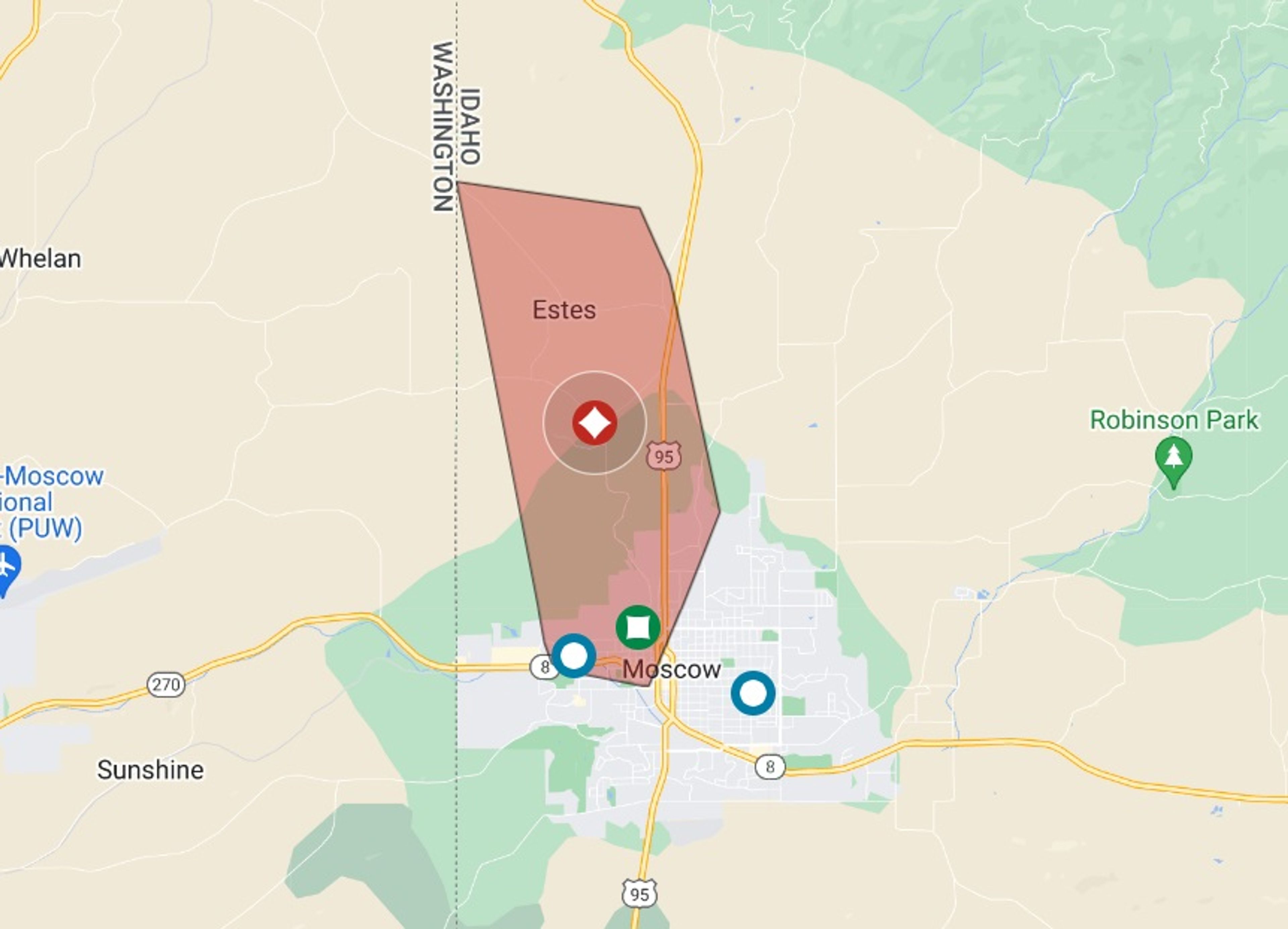 This map for the Avista Utilities' website shows the Moscow area affected by a power outage Saturday morning.