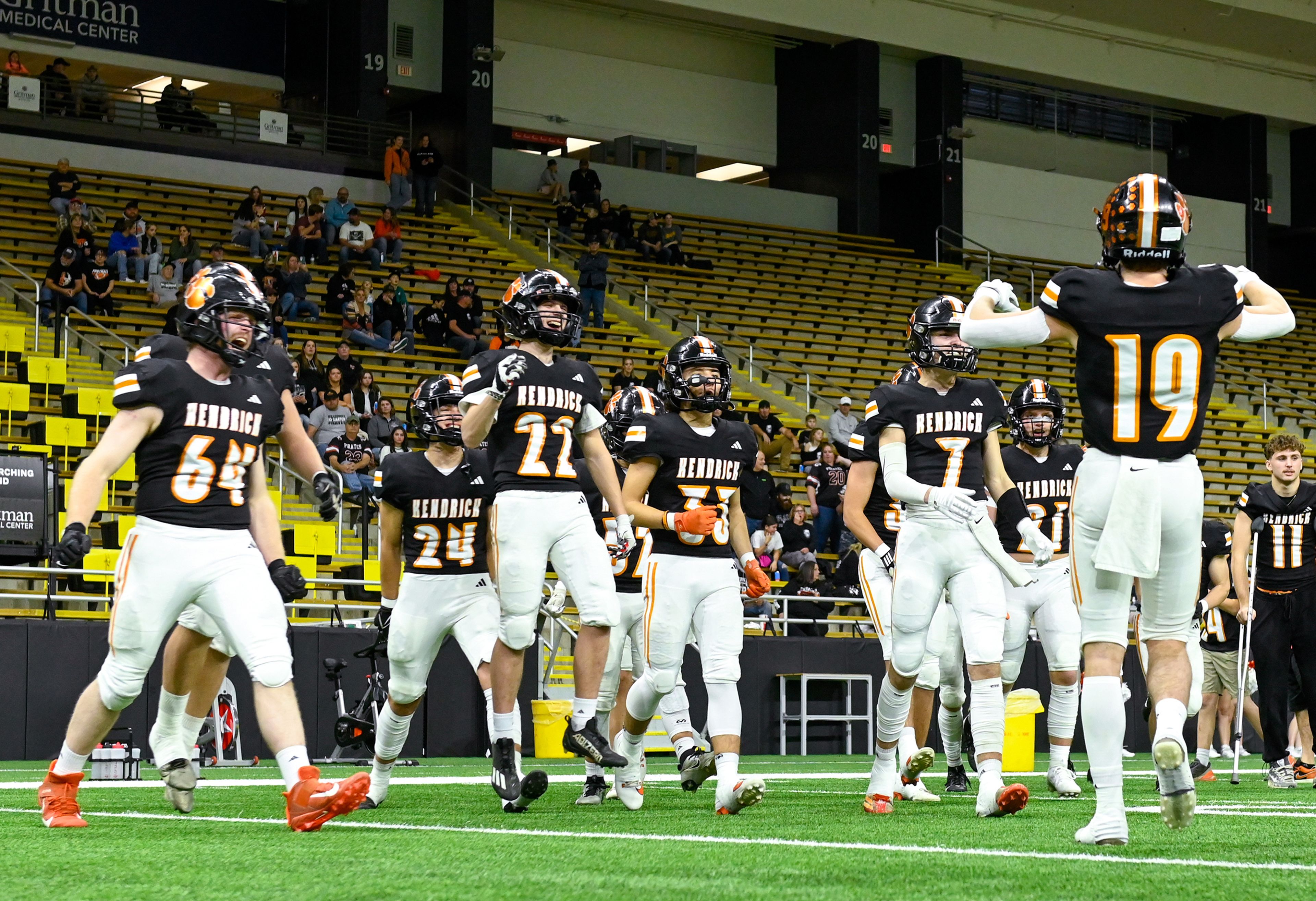 Kendrick players hype each other up before playing Butte County Friday in the Idaho 2A football state championship game at the P1FCU Kibbie Dome in Moscow.