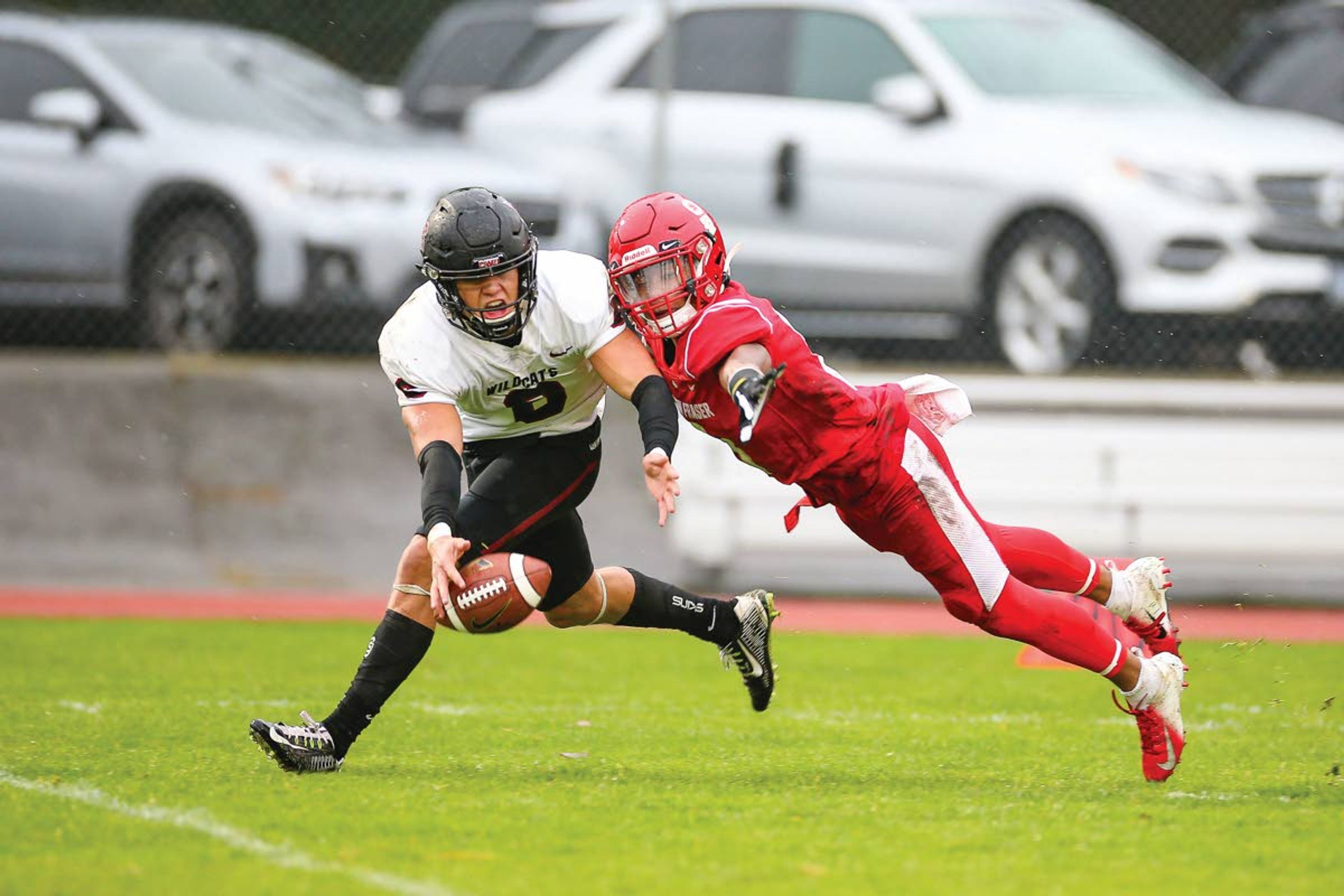 Simon Fraser defensive back Jerrell Cummings attempts to make a play during a 2019 game. Simon Fraser will be playing its first game in two seasons Saturday when it takes on Idaho at the Kibbie Dome.