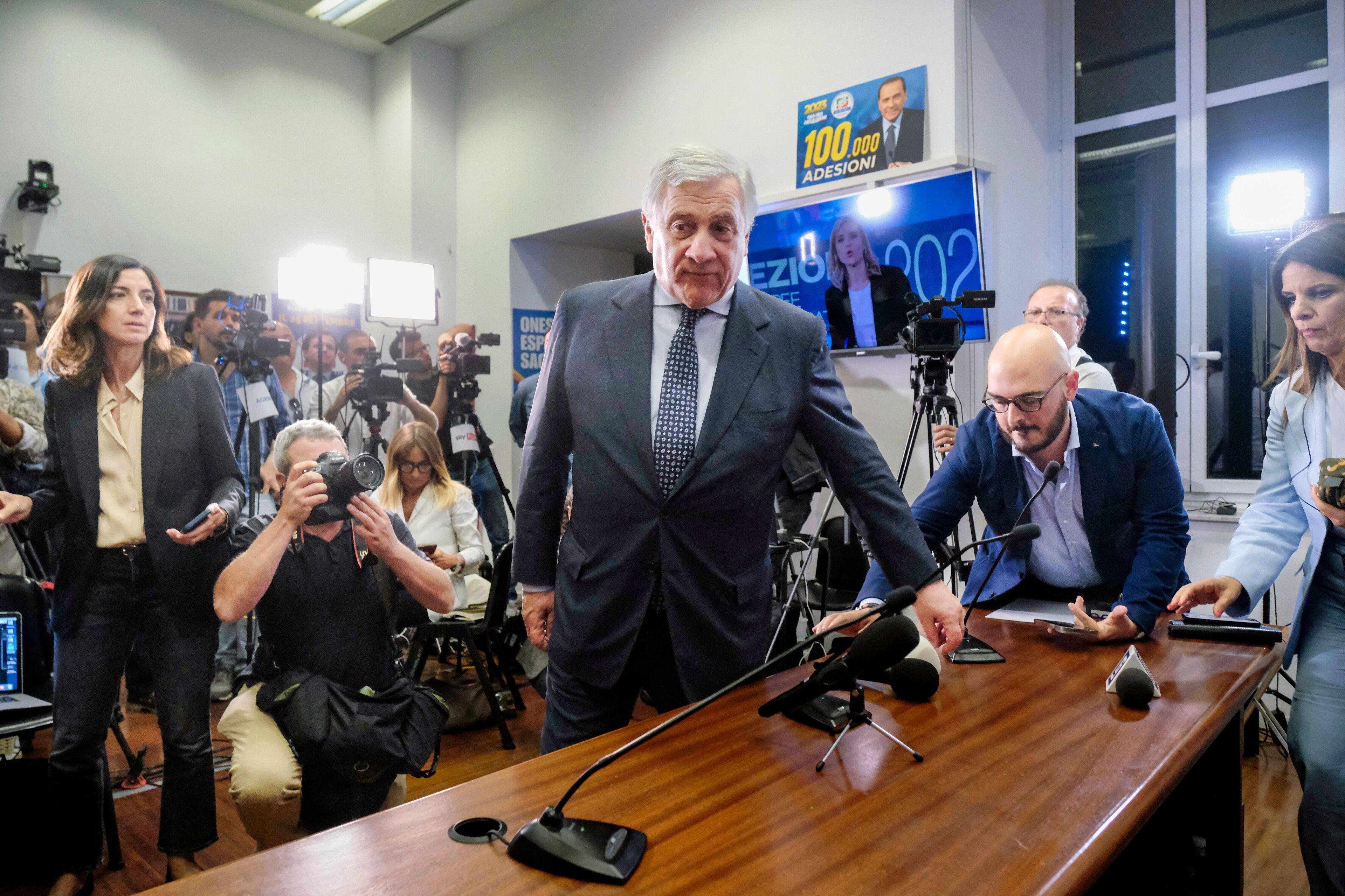 Italy's Foreign Minister and Forza Italia party leader Antonio Tajani prepares to speak about the results of the European Parliamentary elections at the electoral committee of Forza Italia in Rome, Monday, June 10, 2024.