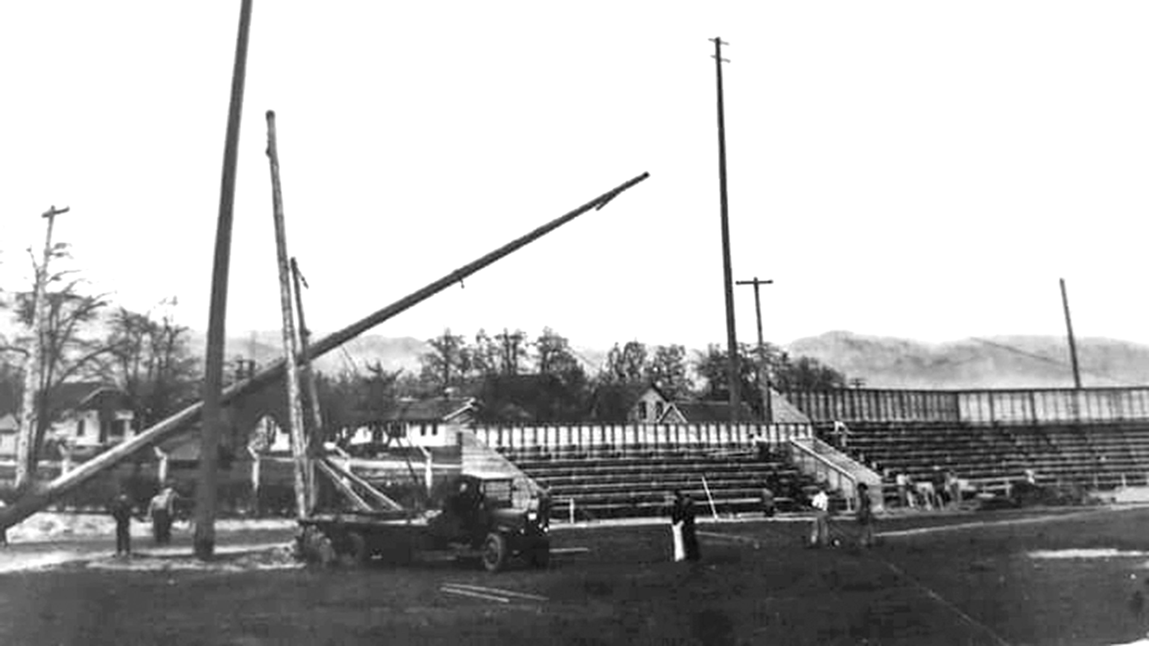 Construction of the light poles takes place at Bengal Field in 1937.