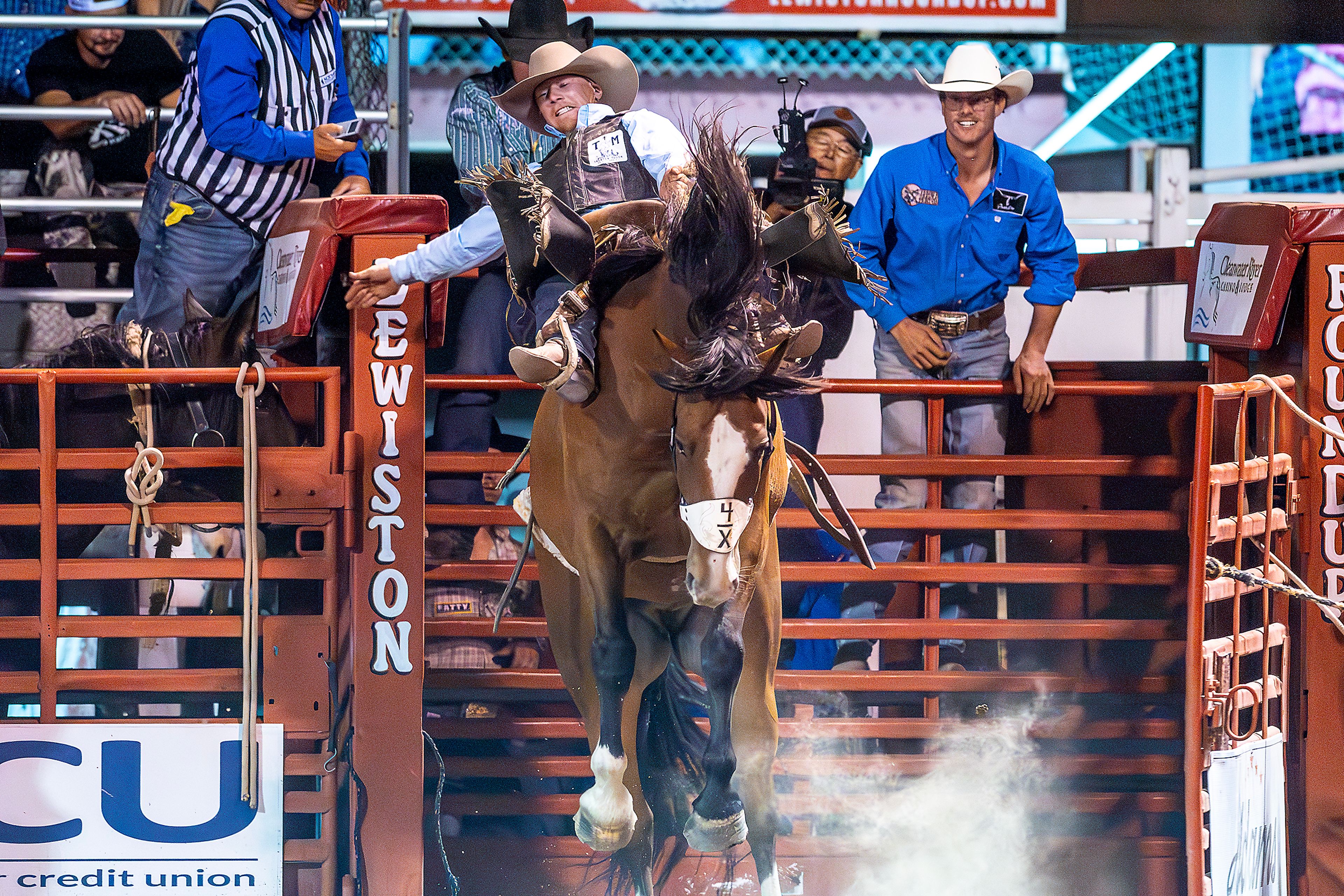 Nick Joyce rides Robin Hood out of the gate in the saddle bronc competition on day 2 of the Lewiston Roundup.