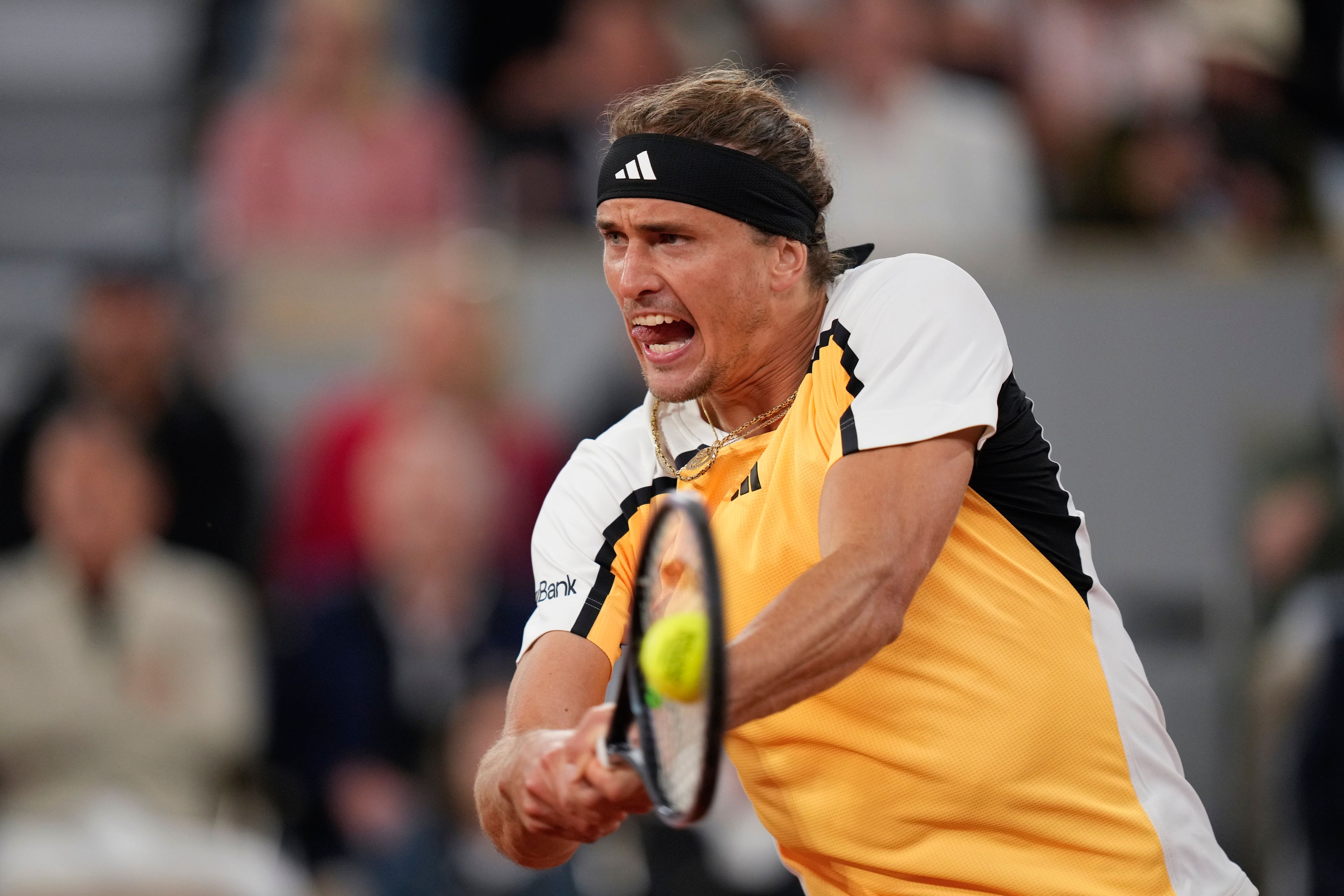 Germany's Alexander Zverev plays a shot against Spain's Rafael Nadal during their first round match of the French Open tennis tournament at the Roland Garros stadium in Paris, Monday, May 27, 2024.