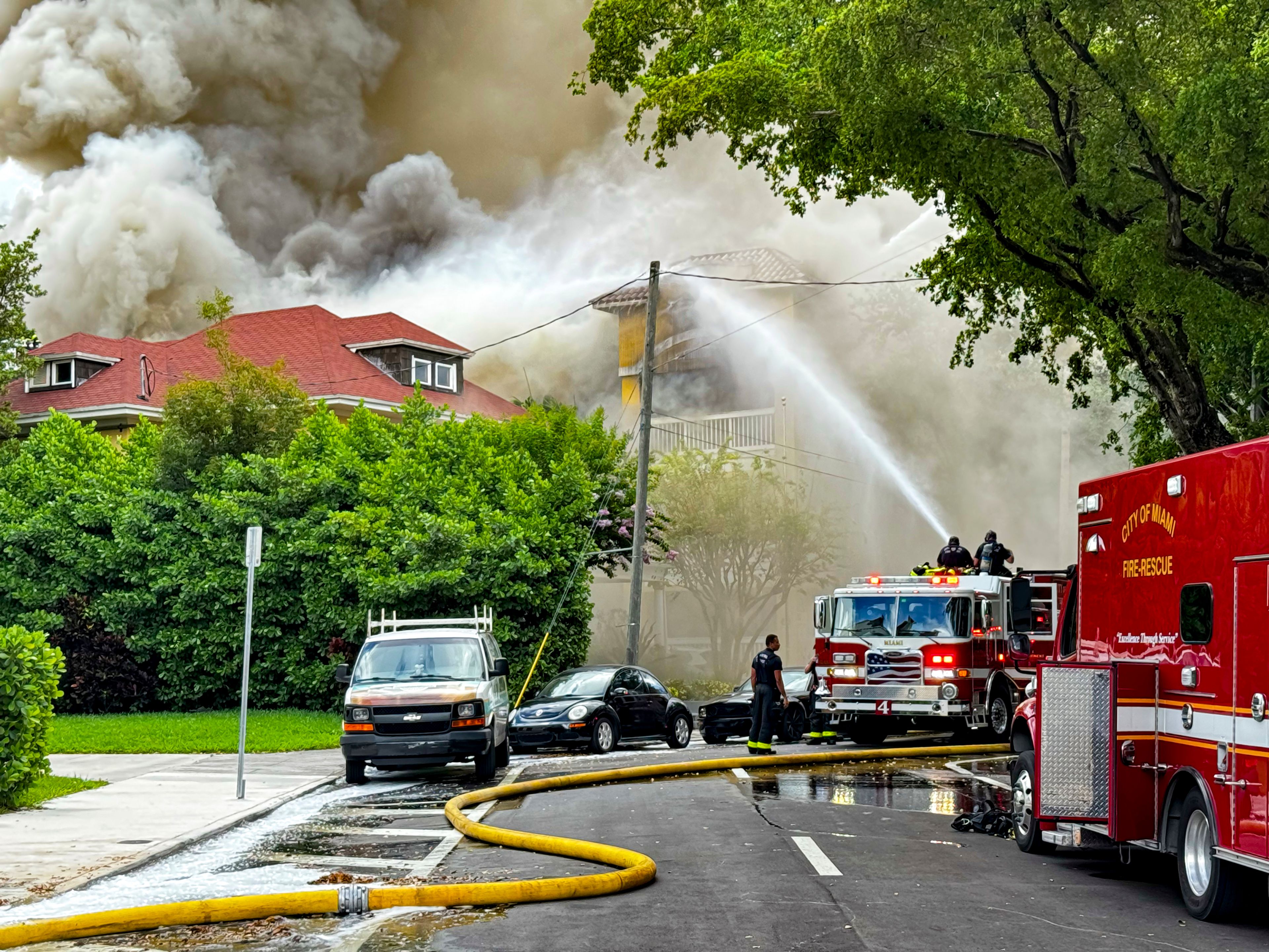 Miami Fire Rescue and Miami police work at the scene of the fire at the Temple Court Apartments, Monday, June 10, 2024 in Miami.