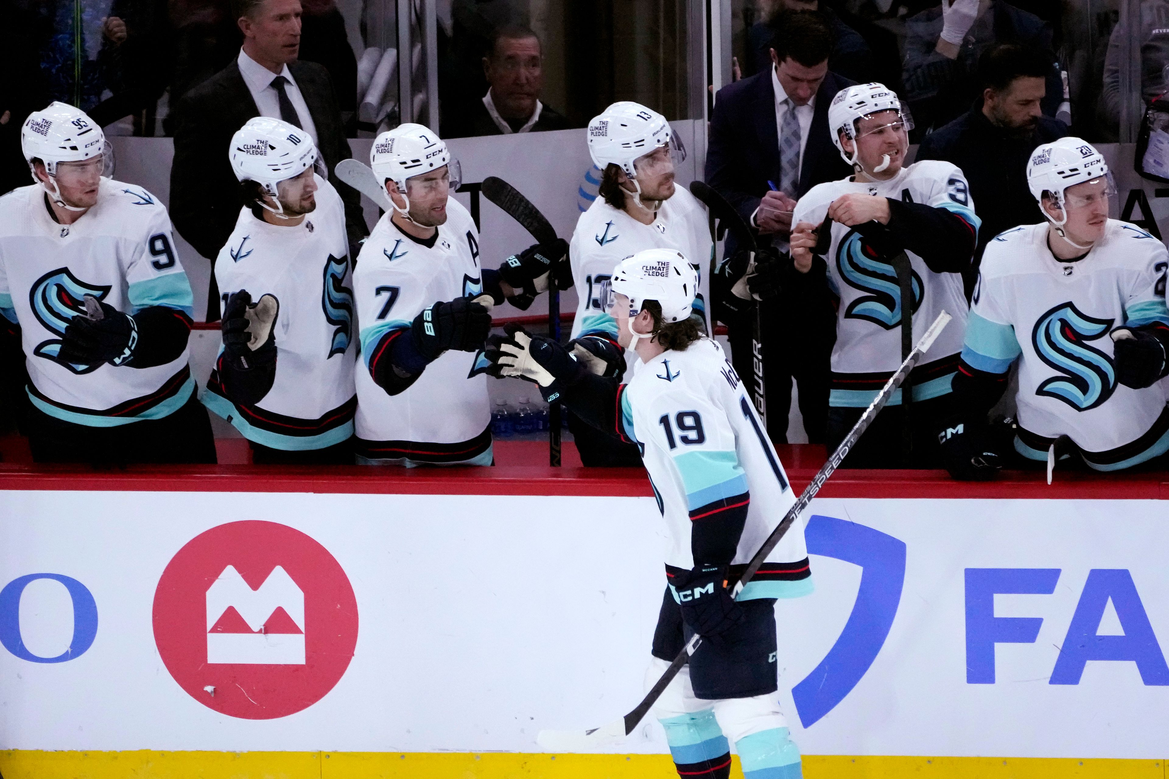 Seattle Kraken's Jared McCann (19) celebrates his goal against the Chicago Blackhawks during the first period of an NHL hockey game Saturday, Jan. 14, 2023, in Chicago. (AP Photo/Charles Rex Arbogast)