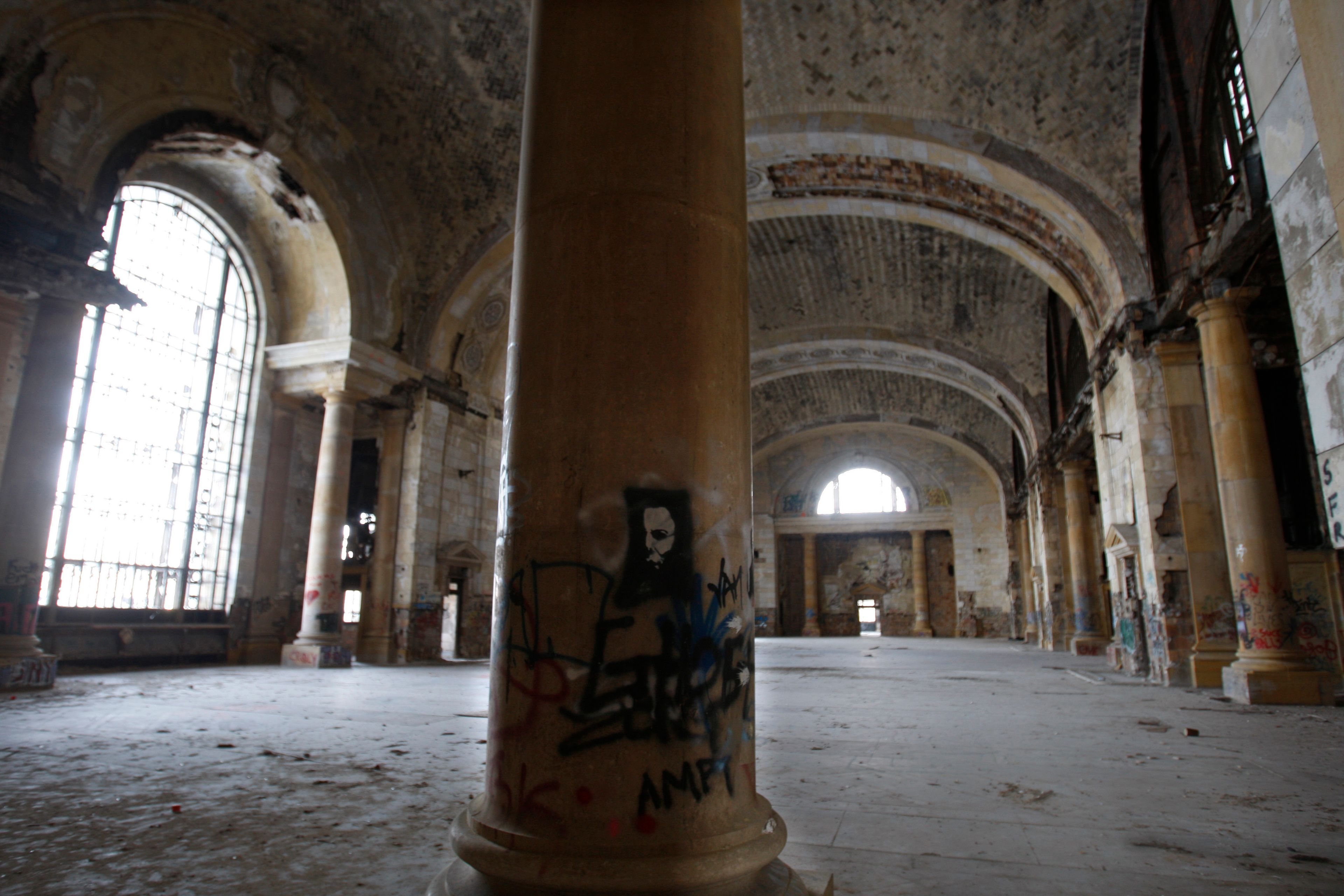 FILE- The interior of the Michigan Central Station is seen, Thursday, Jan. 21, 2010 in Detroit. A once hulking scavenger-ravaged monolith that symbolized Detroit's decline reopens this week after a massive six-year multimillion dollar renovation by Ford Motor Co., which restored the Michigan Central Station to its past grandeur with a focus squarely on the future of mobility.