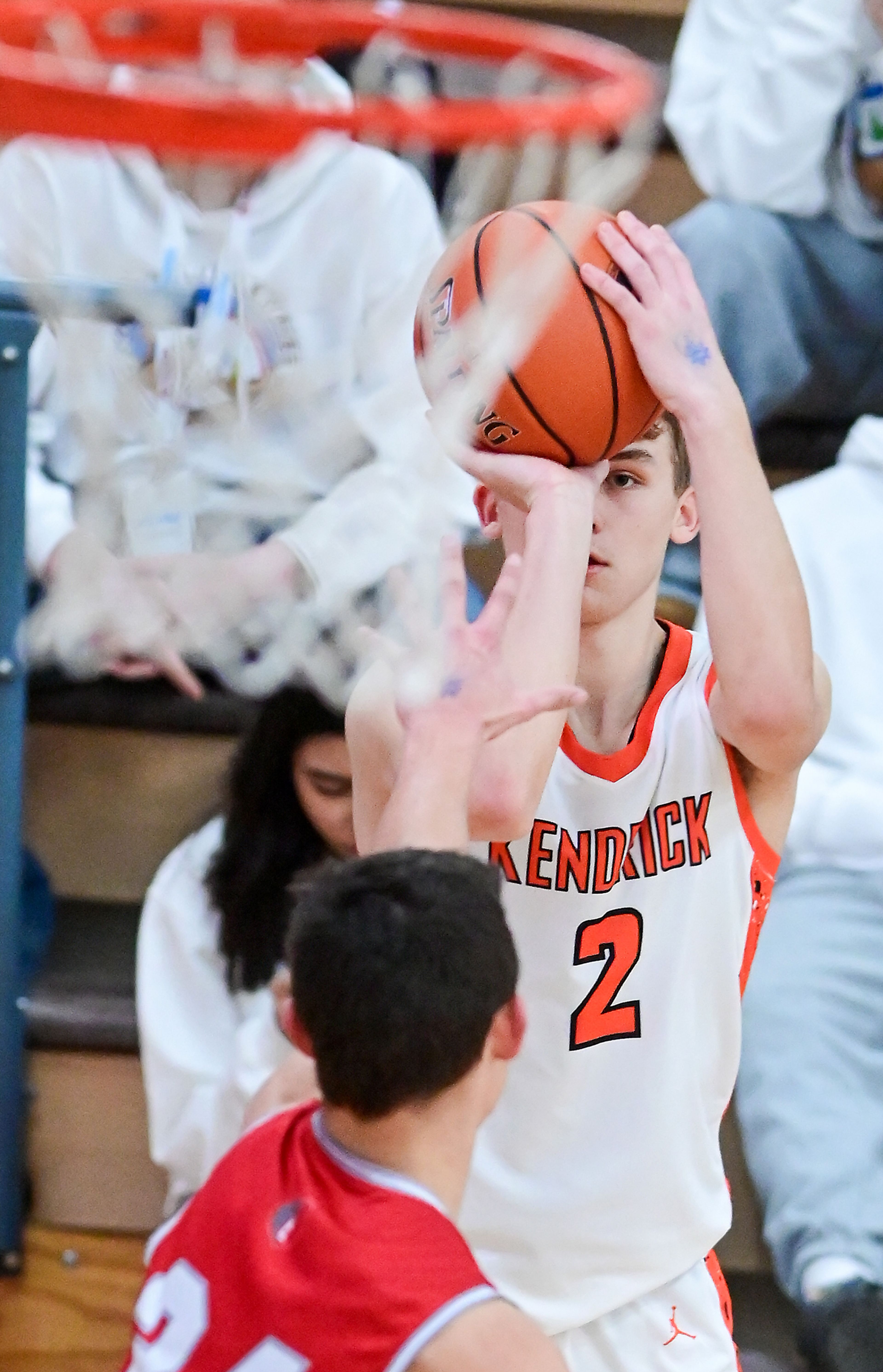 Kendrick's Ralli Roetcisoender eyes the net before releasing a three-point shot against Grace at the Idaho 2A state tournament on Friday in Caldwell, Idaho.