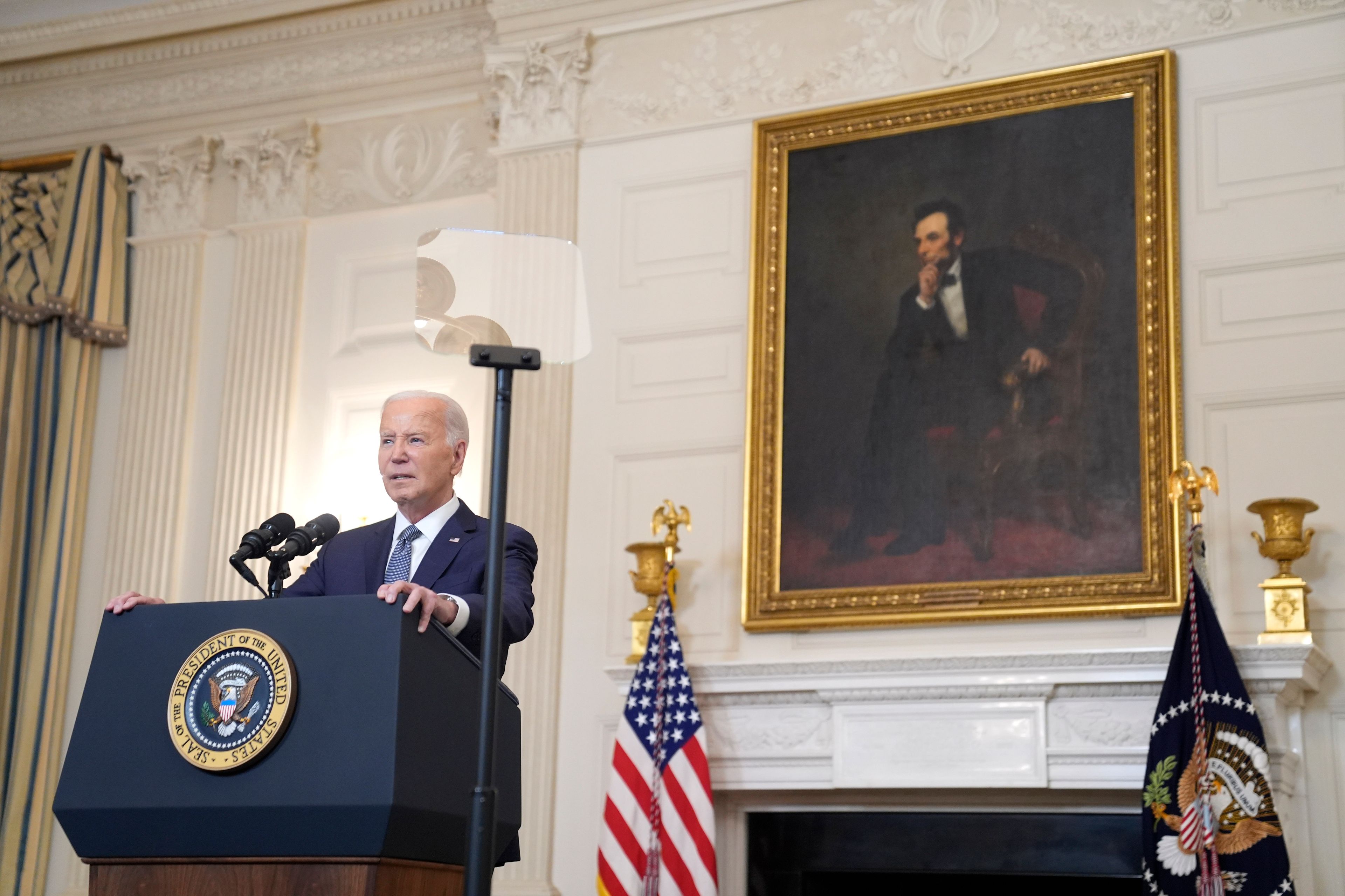 President Joe Biden delivers remarks on the verdict in former President Donald Trump's hush money trial and on the Middle East, from the State Dining Room of the White House, Friday, May 31, 2024, in Washington. (AP Photo/Evan Vucci)