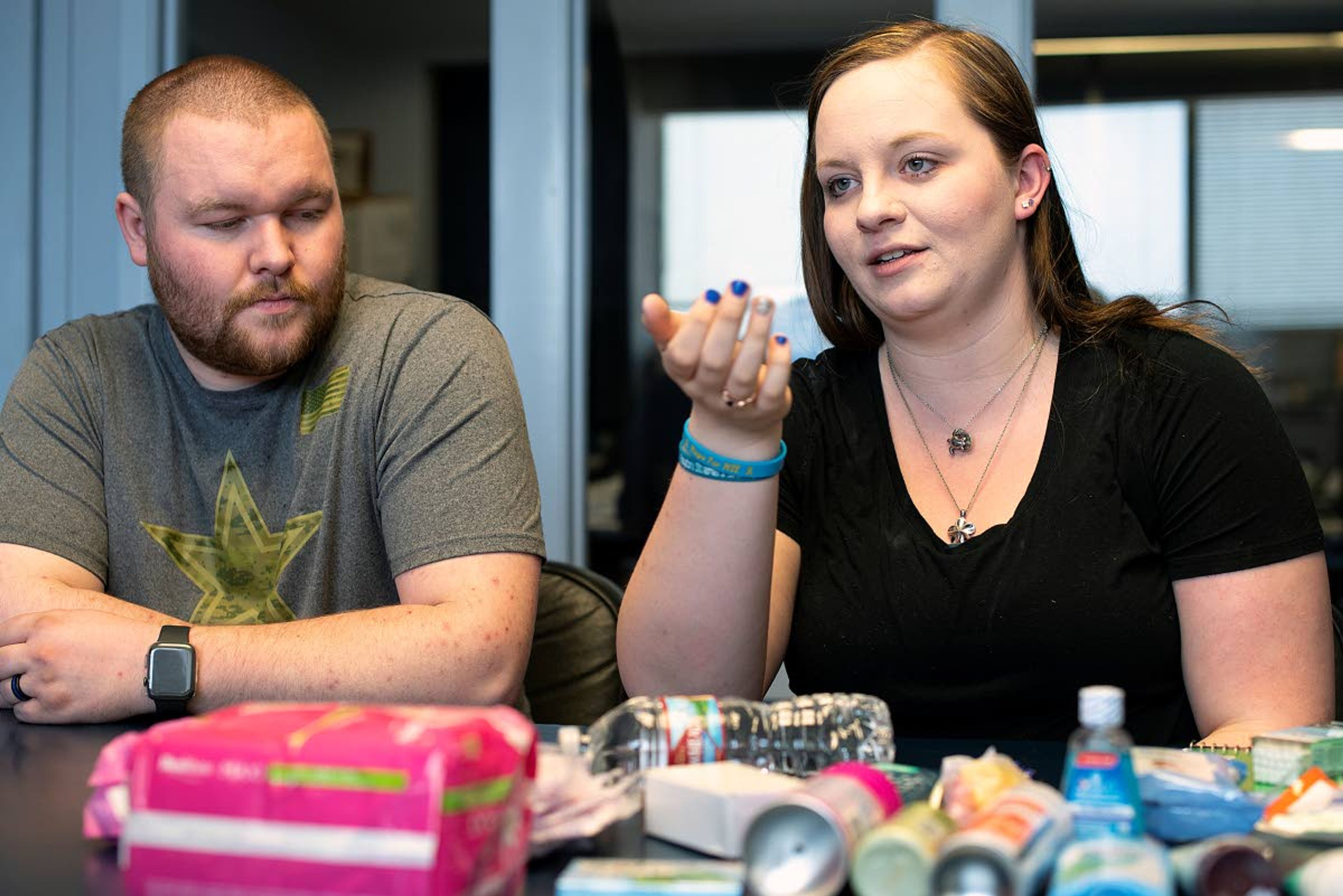 Shelby Ward (left) and Codi Brandt talk about the loss of their infant son, Jackson Peter Ward, and how it propelled them to create care boxes for young parents that have to go to the neonatal intensive care unit at Providence Sacred Heart Medical Center.