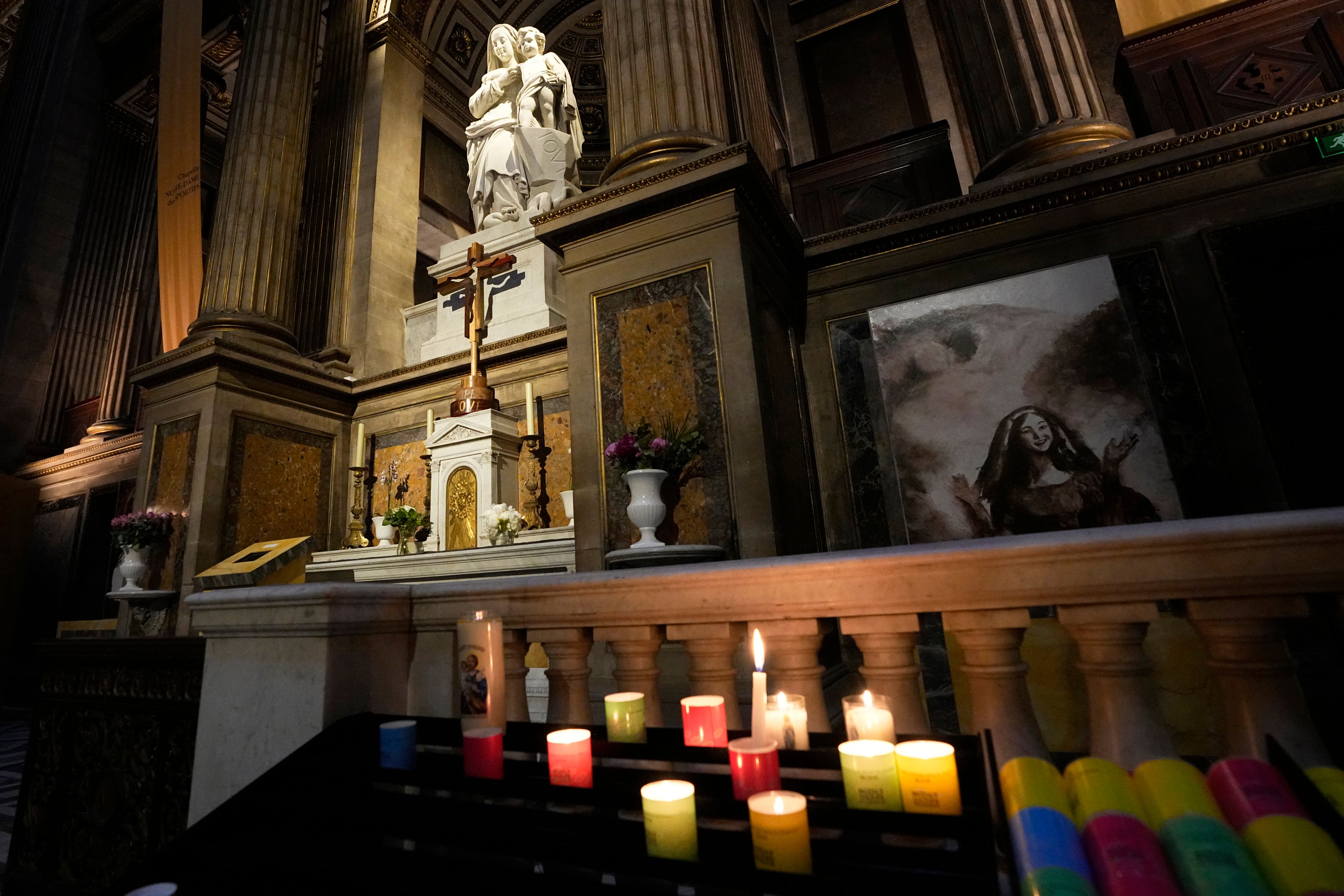 The "Our Lady of Athletes" chapel in seen inside the Madeleine church, Thursday, May 30, 2024 in Paris. France's Catholic Bishops Conference has launched a nationwide "Holy Games" initiative. Since last September, it has set up the "Our Lady of Athletes" chapel in an iconic downtown Paris church, La Madeleine.