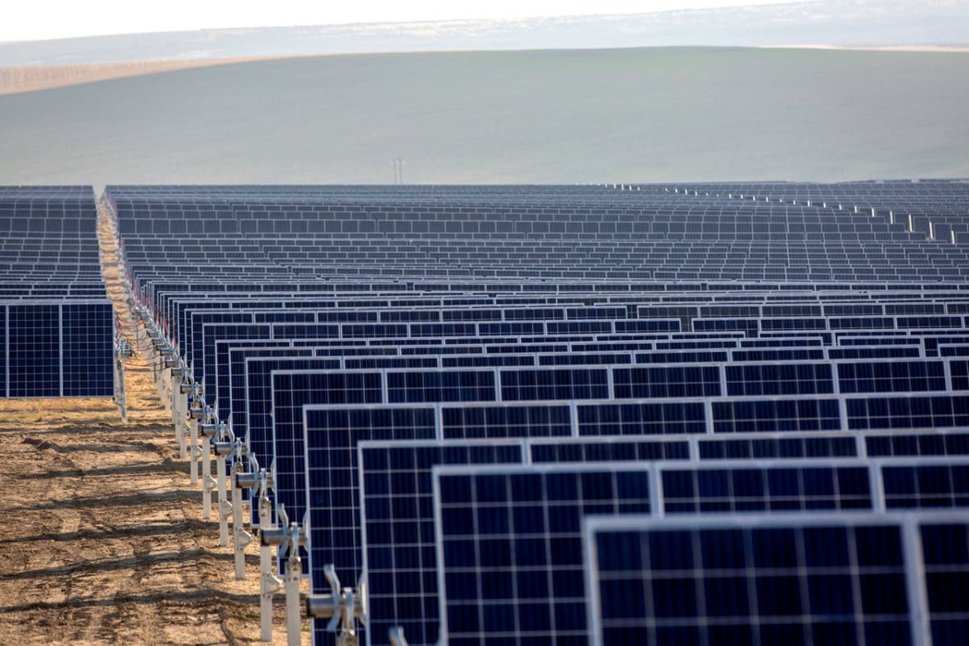 Rows of panels capture sunlight at a solar farm near Lind, Wash., that was developed by Strata Solar. The company has proposed another farm close to Pomeroy.