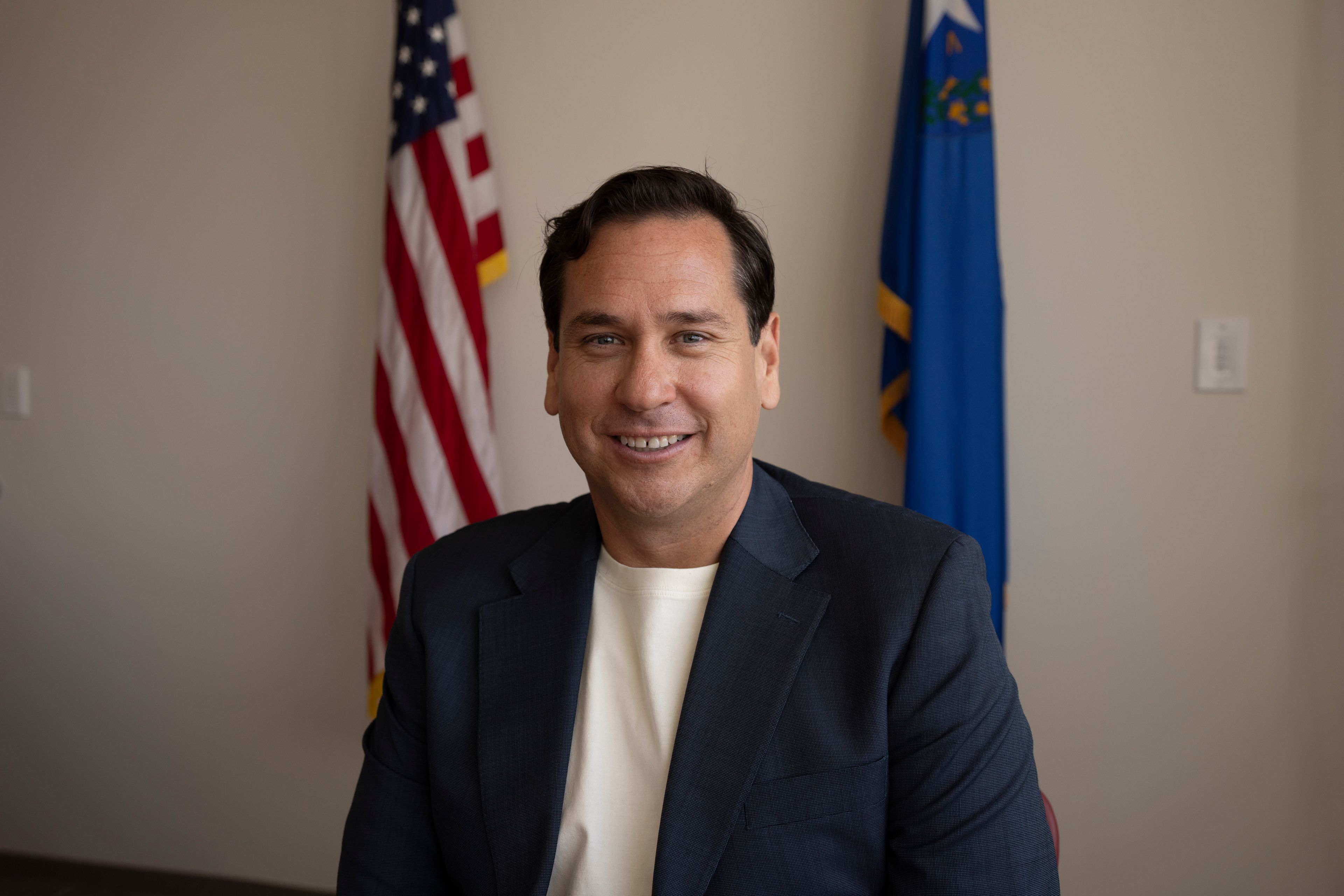 Nevada Secretary of State Cisco Aguilar poses for a portrait in Las Vegas, Thursday, May 16, 2024. The use of electronic balloting has been quietly expanding in recent years to cover the disabled and, in Nevada this year, Native American tribes. Election security experts are warning of the risk that ballots submitted on a computer can be digitally intercepted or manipulated.