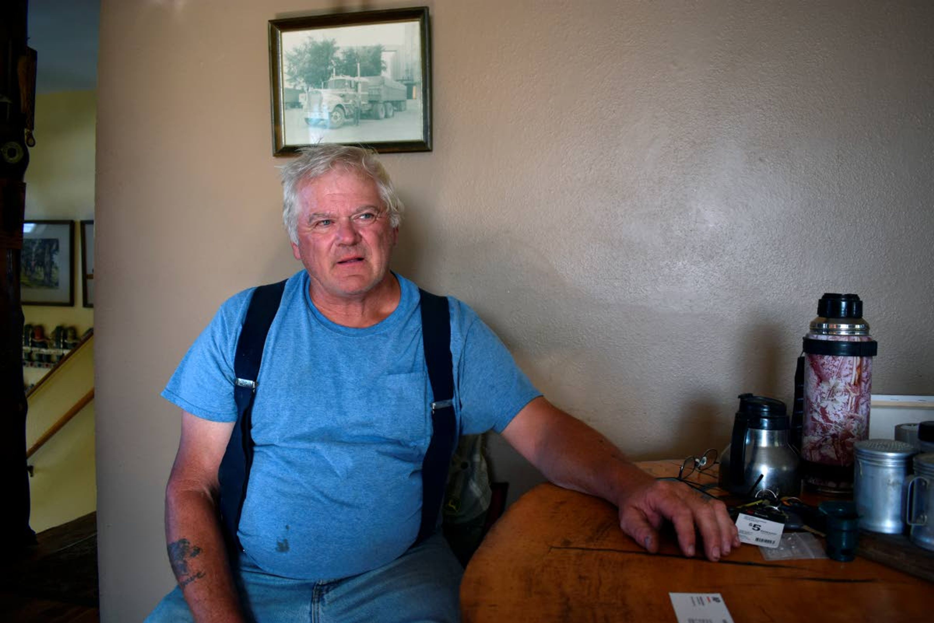 David Saylor, whose then-stepson has confessed to the 1998 murder an 18-year-old Montana video store clerk, speaks about the case Wednesday, Aug. 21, 2019 at his home in Laurel, Mont. Saylor says he told investigators in the aftermath of the murder that stepson Zachary David O’Neill had been at The Movie Store minutes before Miranda Fenner was killed. (AP Photo/Matthew Brown)